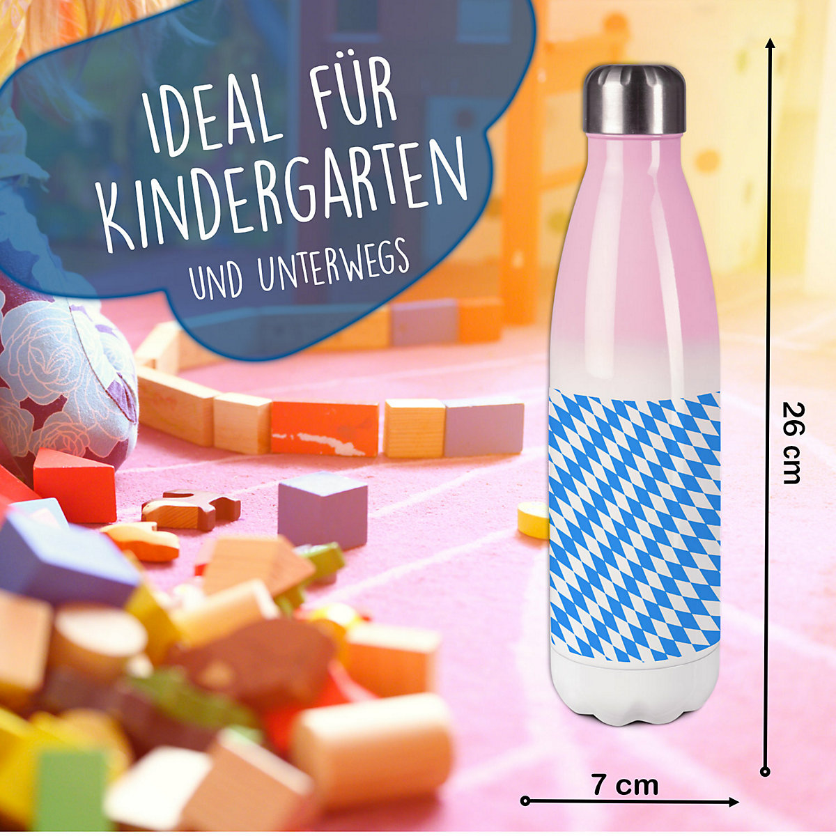 Edelstahl Kinder Thermoflasche / Trinkflasche bunt Bayern Spülmaschinenfest, Auslaufsicher, Bruchfest, Doppelwandig, Für Heißgetränke geeignet, Mit Deckel, Isoliert