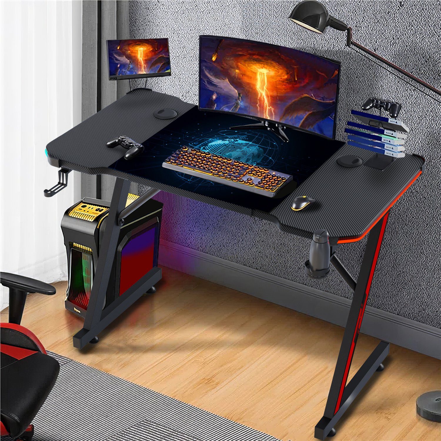 GUNJI Gamingtisch LED-Computertisch 120/140/160cm, mit Becherhalter und Kopfhörerhaken