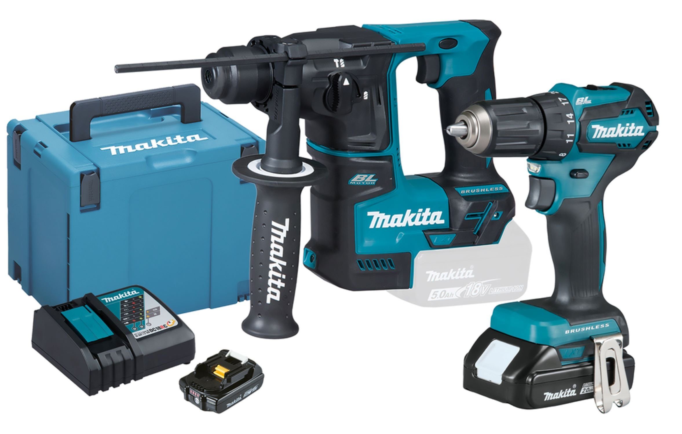 Makita Akku-Bohrschrauber Akku-Kombo-Kit, 18 V, (Set), 2x 18 V 2 Ah Li-Ion Akkus, Ladegerät und Koffer