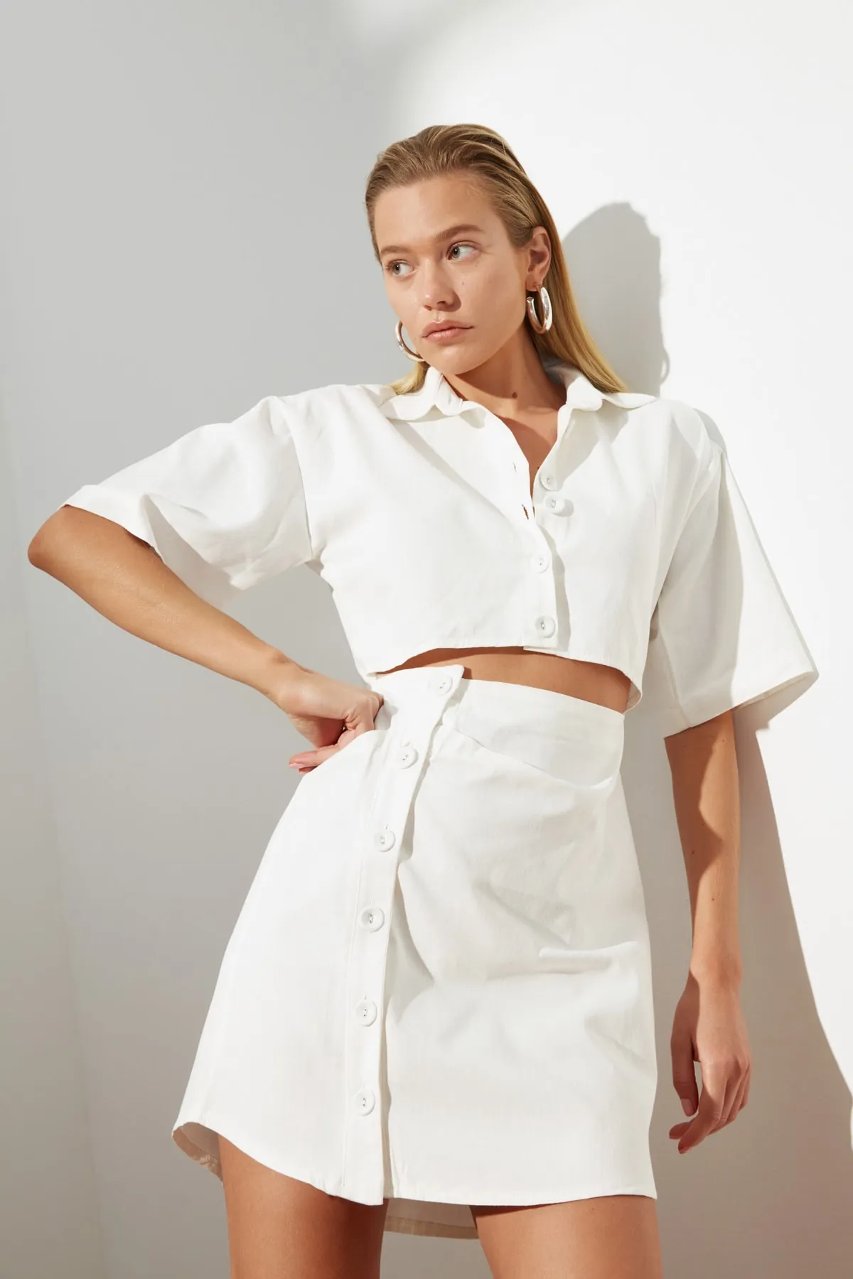 Trendyol Collection  Design Ecru Shirt Mini Woven Woven Dress TWOSS21EL1780