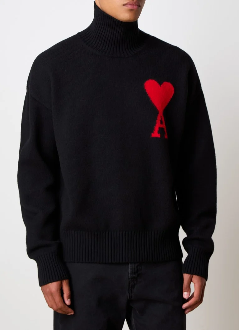 AMI Paris Fine-knit turtleneck sweater made of virgin wool with knitted-in logo
