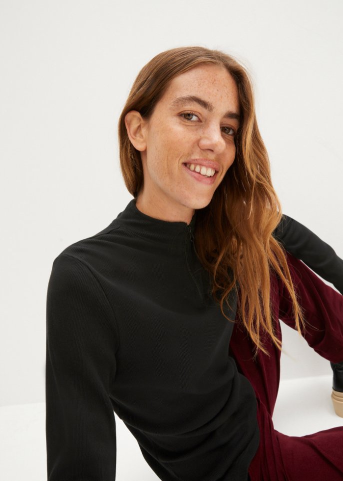 Langarmshirt aus Rippe mit Troyer-Kragen