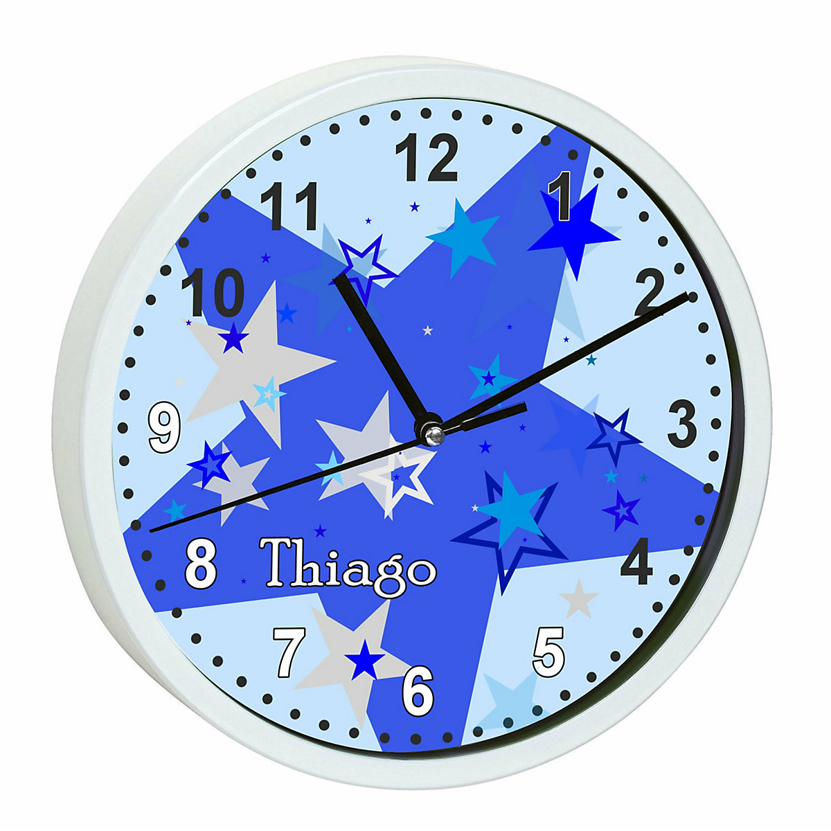 Kinder Wanduhr personalisiert mit Name Sternenhimmel Blau Grau
