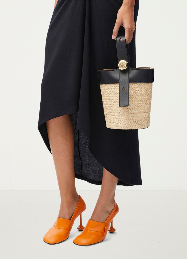 Geantă de umăr LOEWE Pebble Bucket Mini din rafie cu detalii din piele de vițel