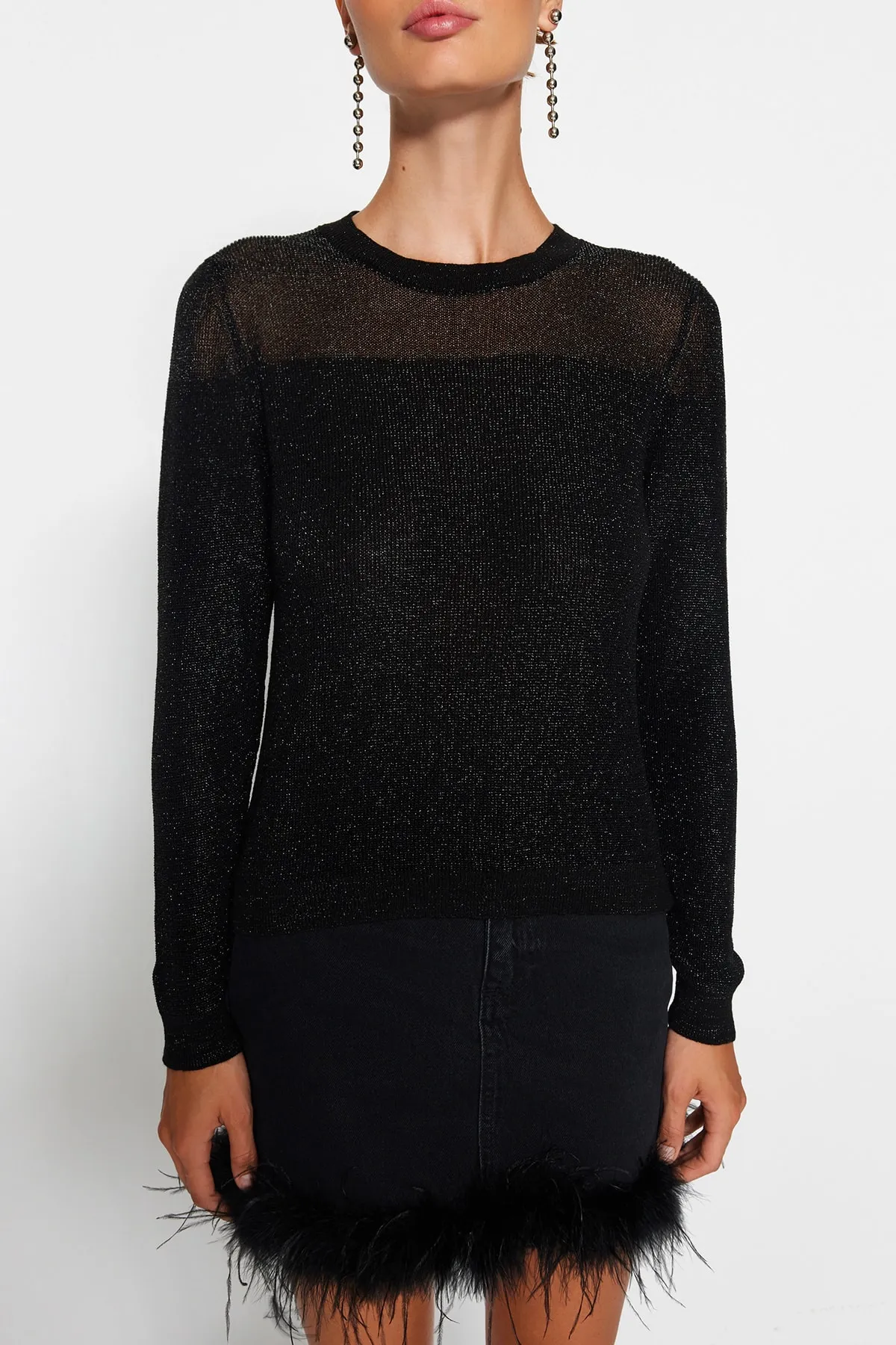 Trendyol Collection  Schwarzer transparenter Strickpullover mit Glitzer TWOAW24KZ01023