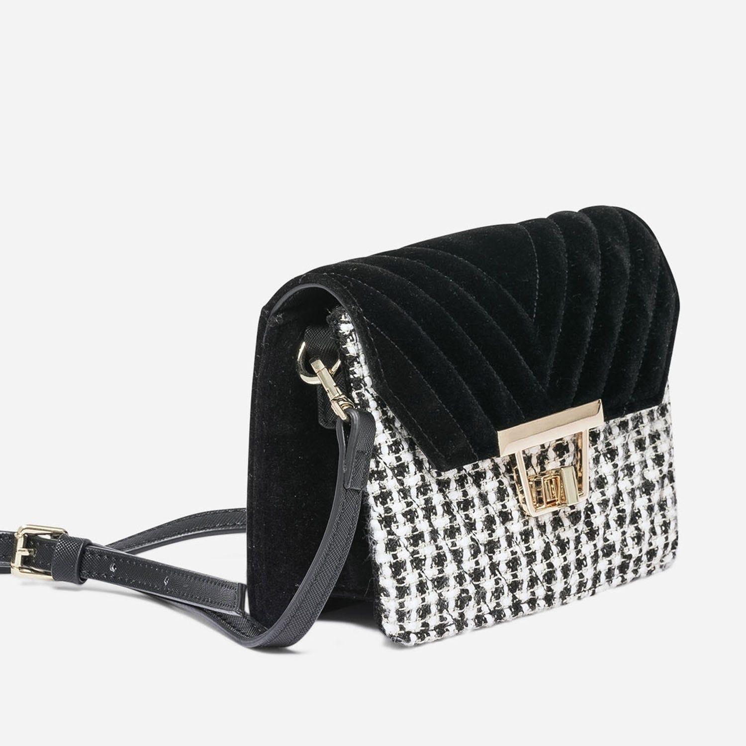 Sac à main TEXTO noir velours et textile façon tweed