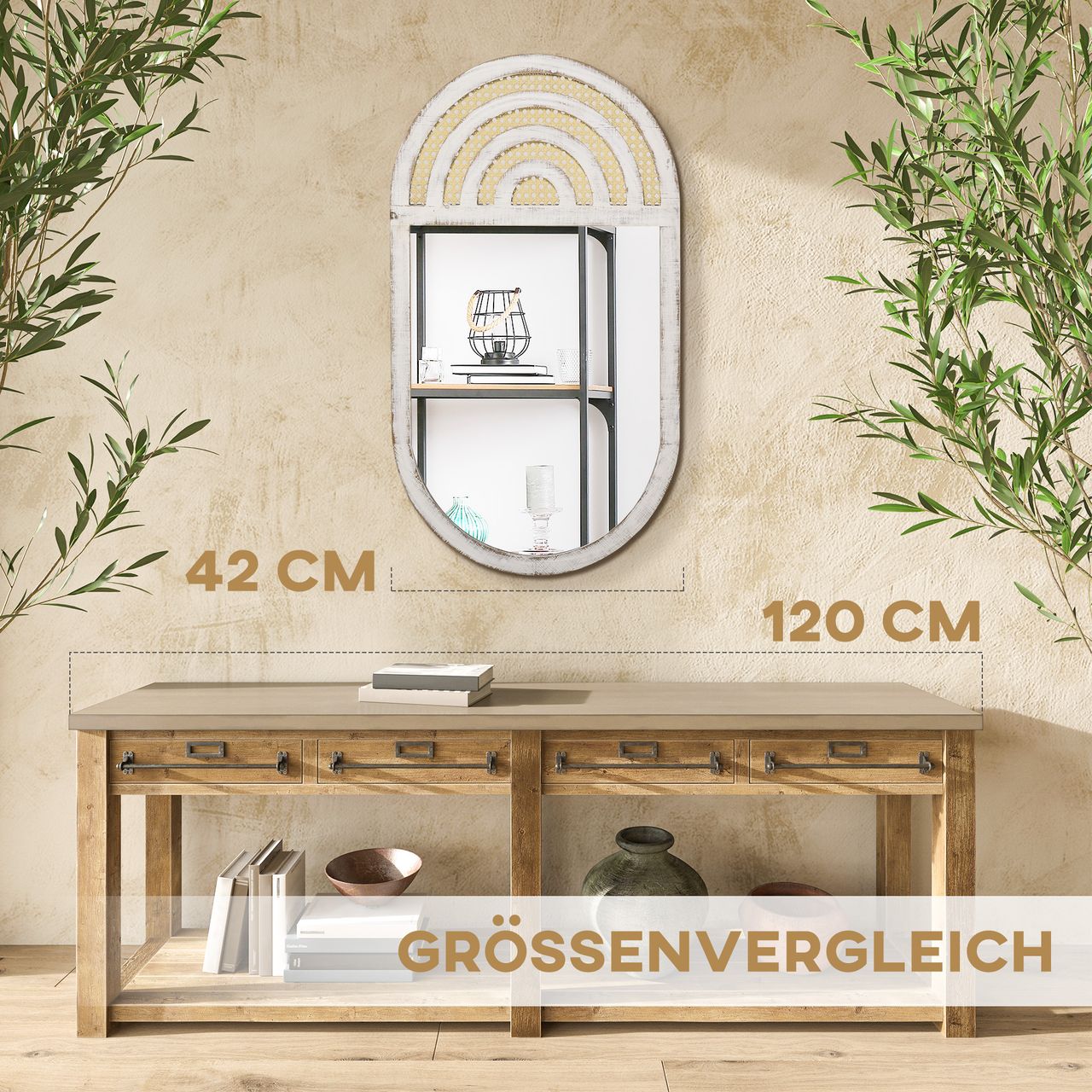 HOMCOM Wandspiegel, Wohnzimmerspiegel, 50 x 90 cm Flurspiegel mit Rattenoptik