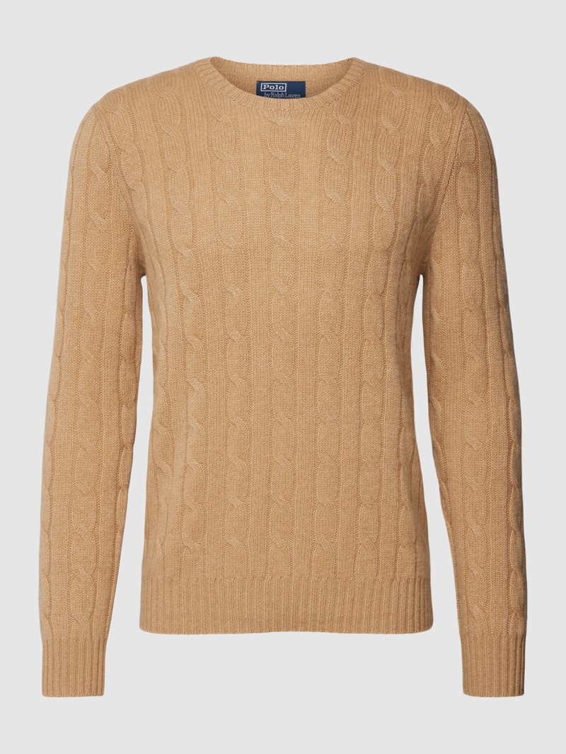 Kaschmirpullover mit Zopfmuster in camel meliert