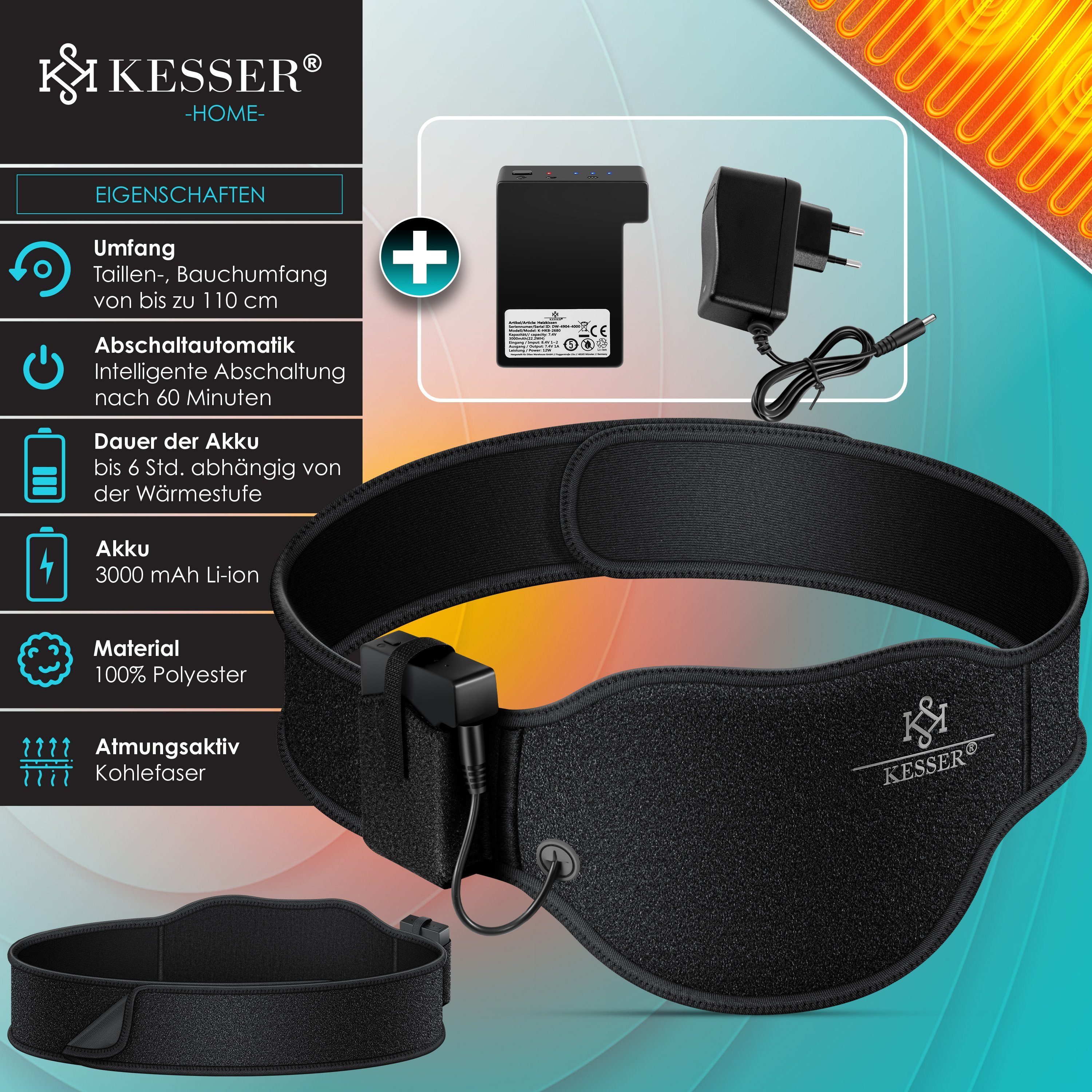KESSER Heizkissen, Heizgürtel mit Akku Wärmegürtel mit Heizstufen Ferninfrarot