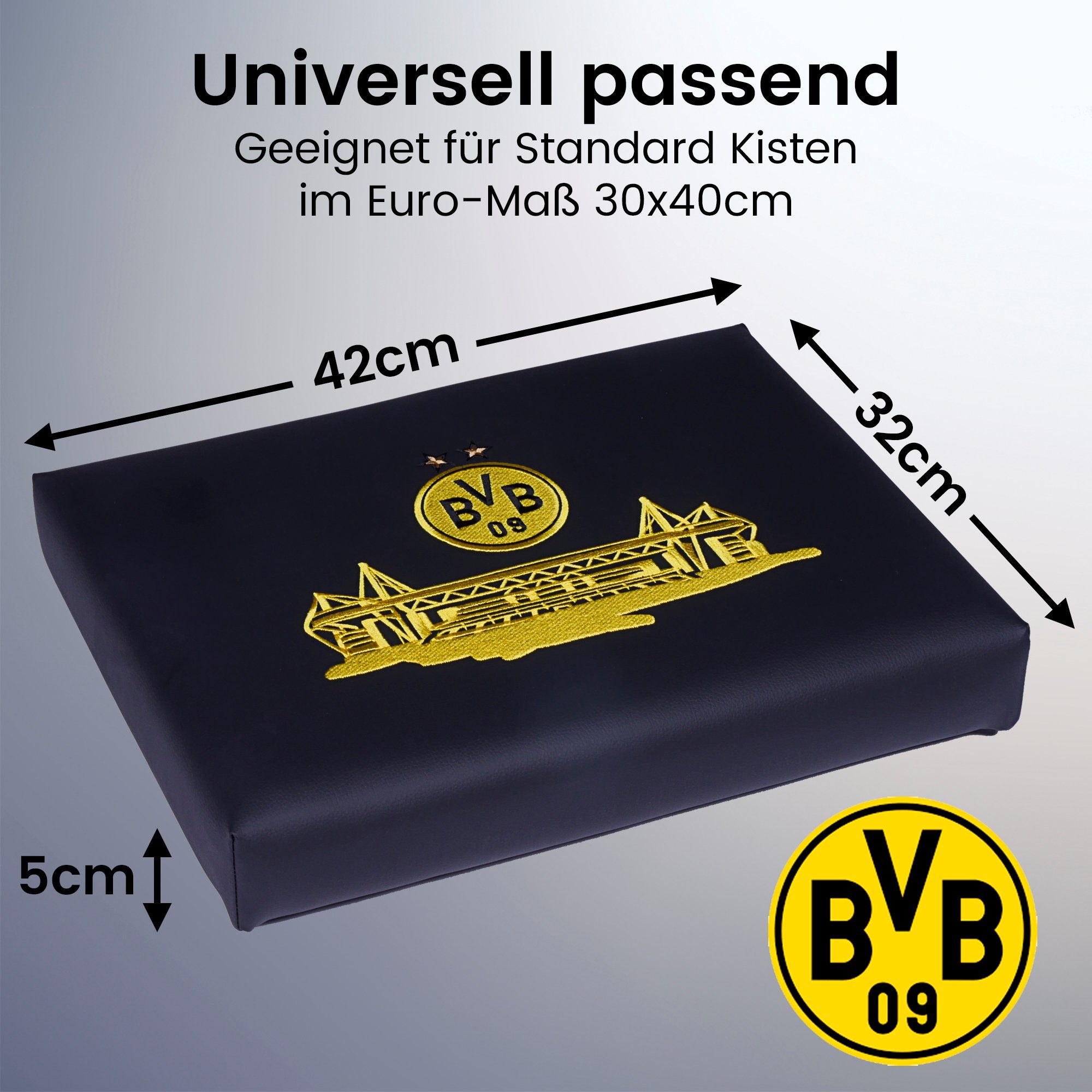 Borussia Dortmund Sitzkissen für Bierkisten, BVB 09 Bierkasten Sitz, Sitzauflage, Kunstleder mit dicker Polsterung