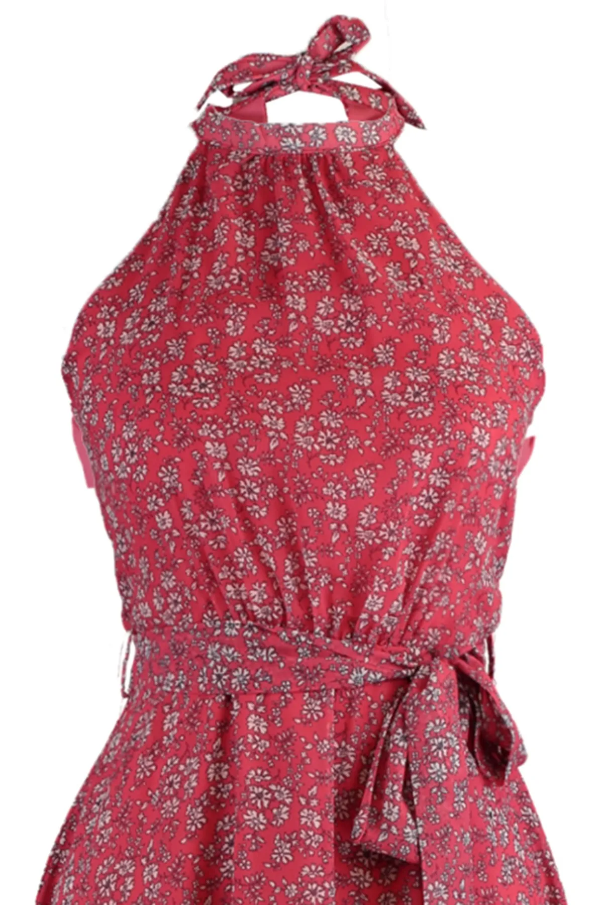 Trendyol Collection  Rosafarbenes, ärmelloses, gewebtes Kleid in A-Linie mit Gürtel und Neckholder und Blumendruck TWOSS20EL2536