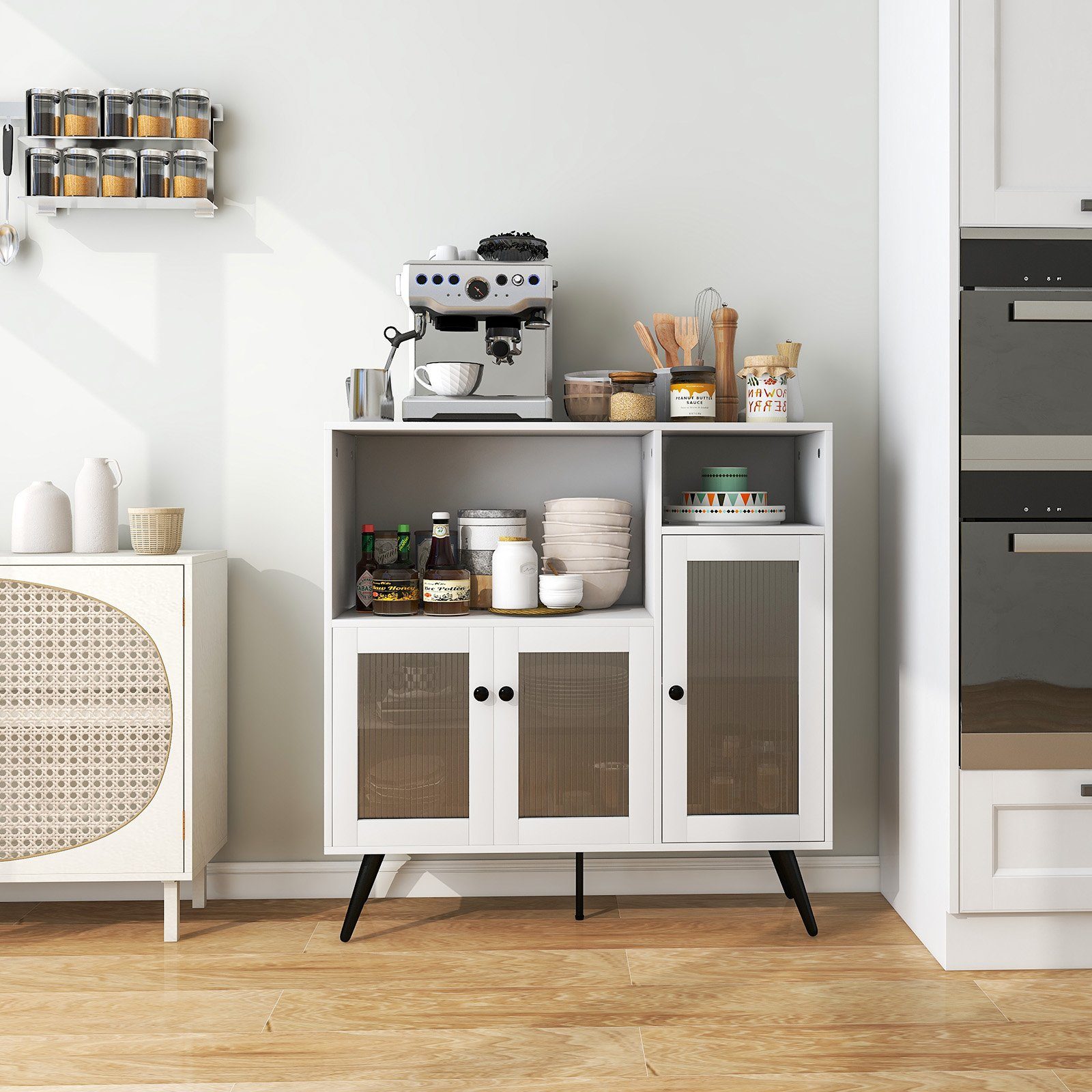 COSTWAY Küchenbuffet mit Glastüren & Fächern, Kippschutz, 100x39,5x100cm