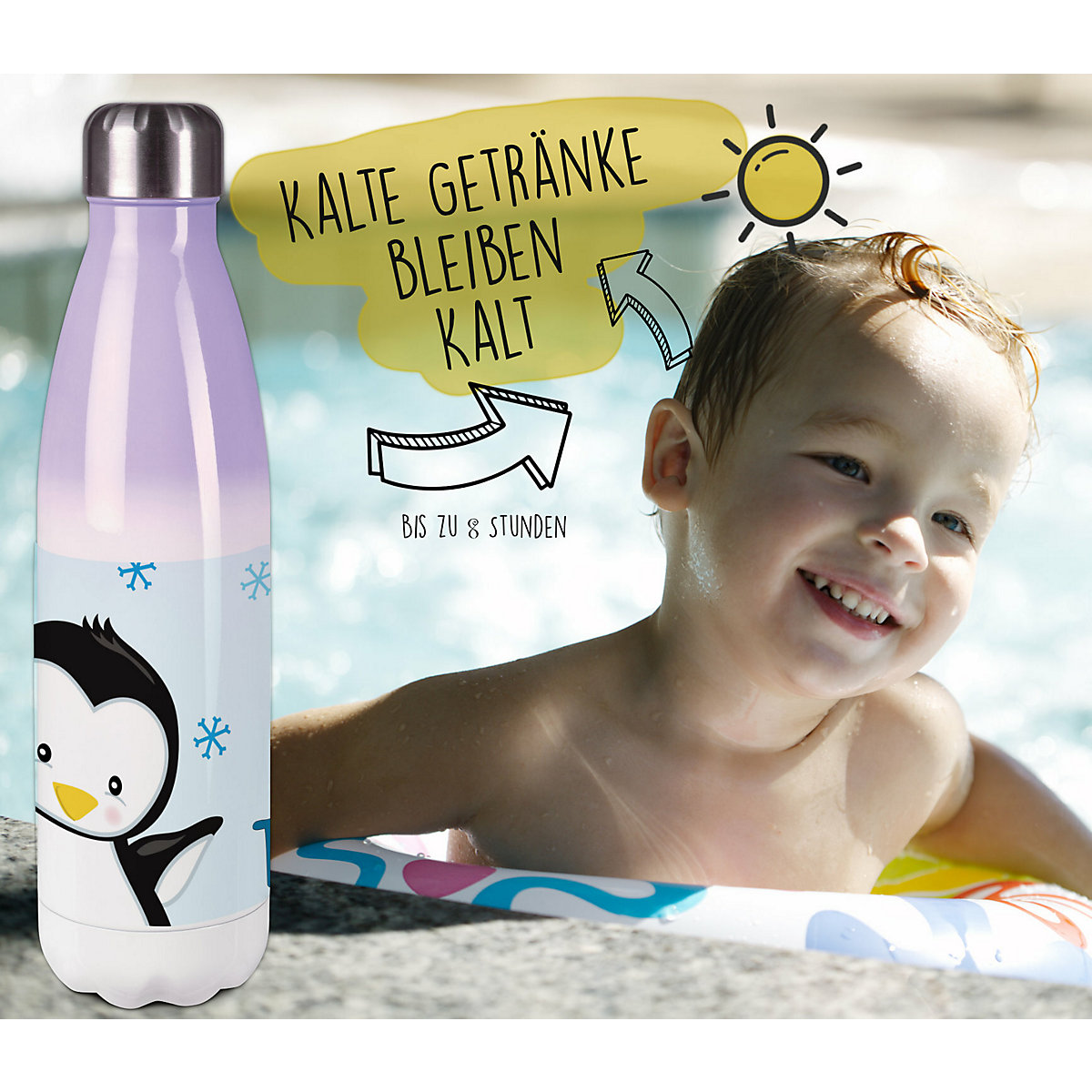 Edelstahl Kinder Thermoflasche / Trinkflasche bunt Pinguin Farbe hellblau Spülmaschinenfest, Auslaufsicher, Bruchfest, Doppelwandig, Für Heißgetränke geeignet, Mit Deckel, Isoliert