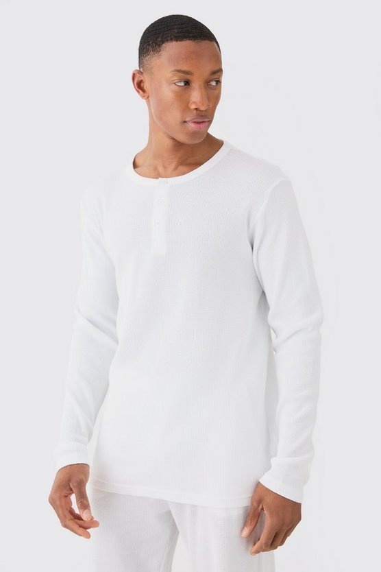 Langärmliges Loungewear-Oberteil in Waffeloptik mit Knopfleiste
