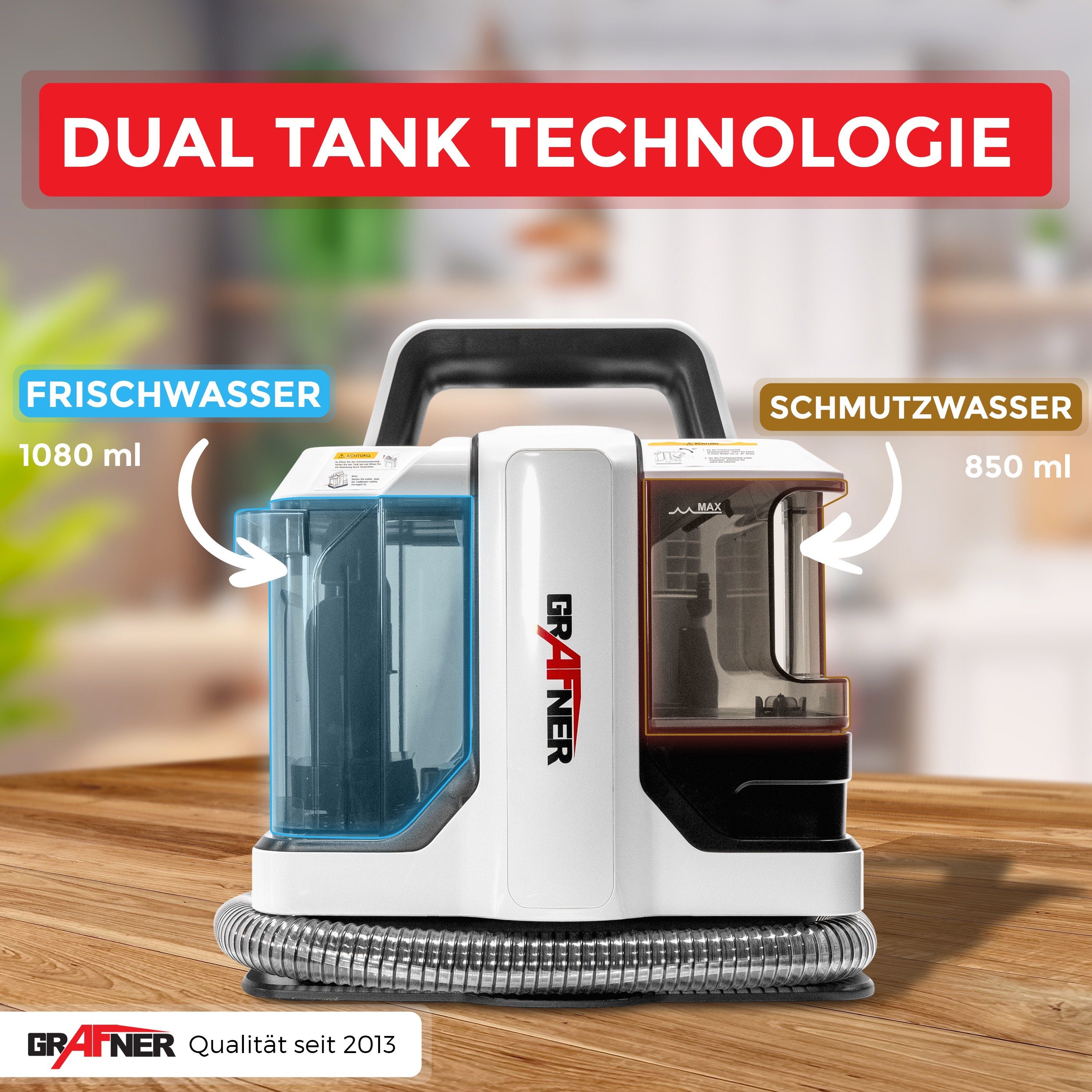 Grafner Staub-Wasch-Sauger Grafner mobiler Waschsauger Polsterreiniger Teppichreiniger 450 W, 450,00 W, beutellos, ohne Akku
