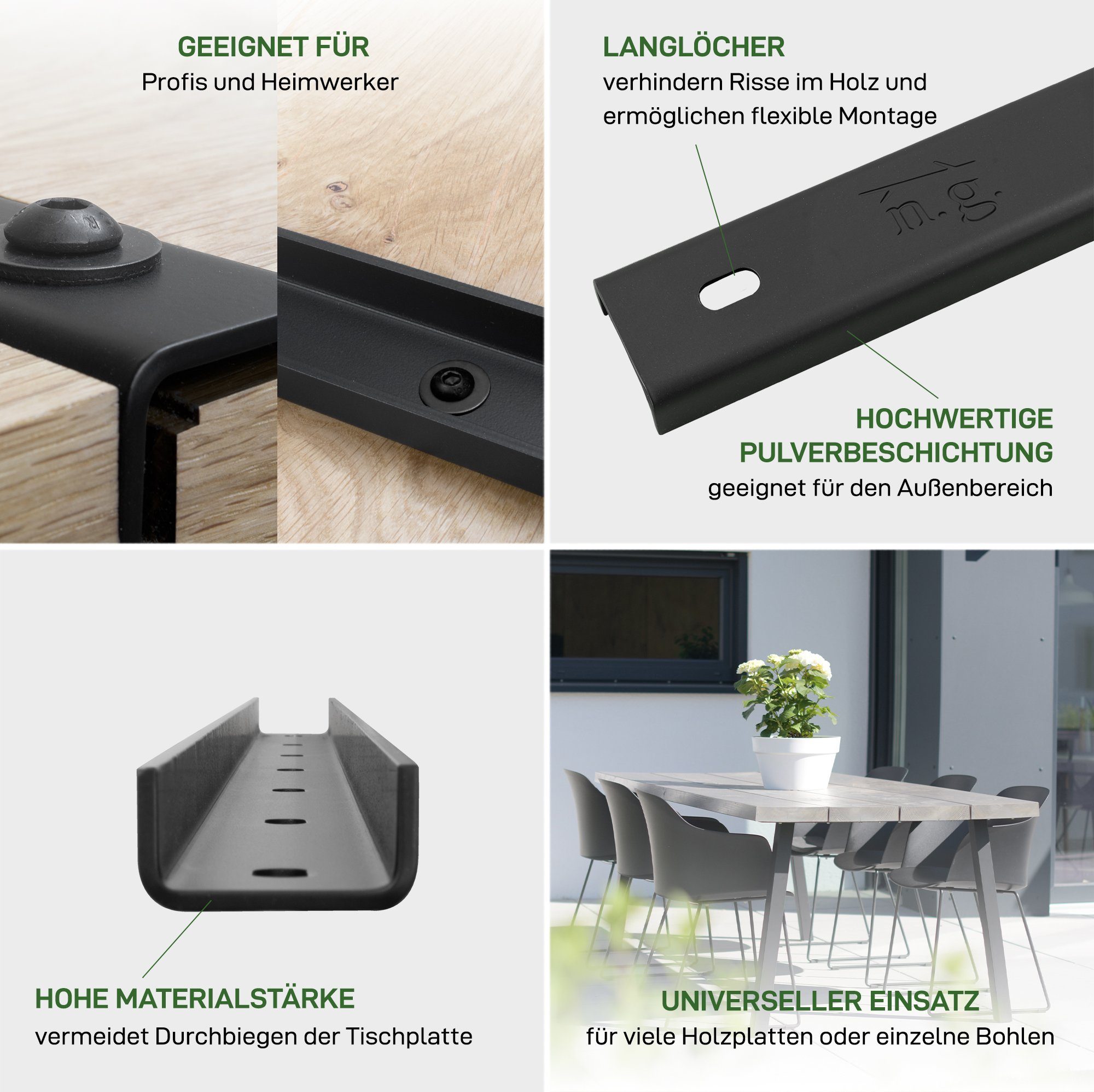 Natural Goods Berlin Möbelleiste Gratleiste U-FORM, (3er Set, 3-St), Unterbau, Versteifung, Verstrebung, Tischplatten, 60cm, Schwarz