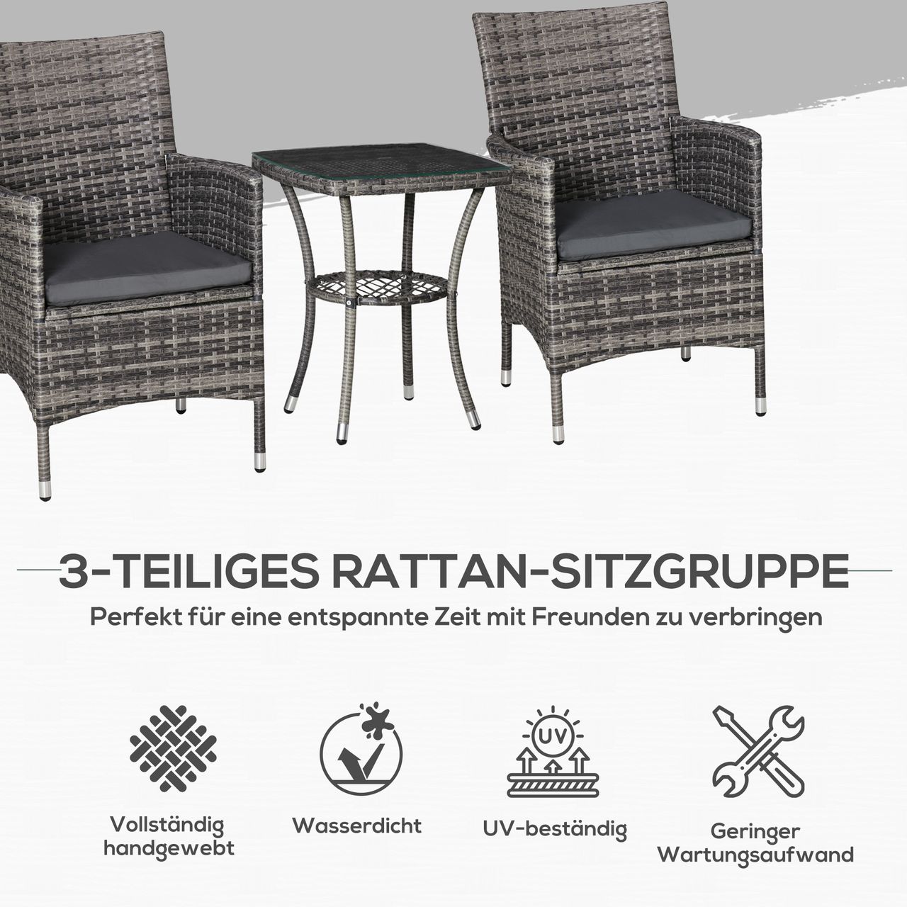 Outsunny Gartensitzgruppe mit Beistelltisch, Bistroset, 3-tlg. Rattan Gartenset Sitzgarnitur mit Sitzkissen Polyrattan   Stahl Dunkelgrau 60 x 58,5 x 89,5 cm