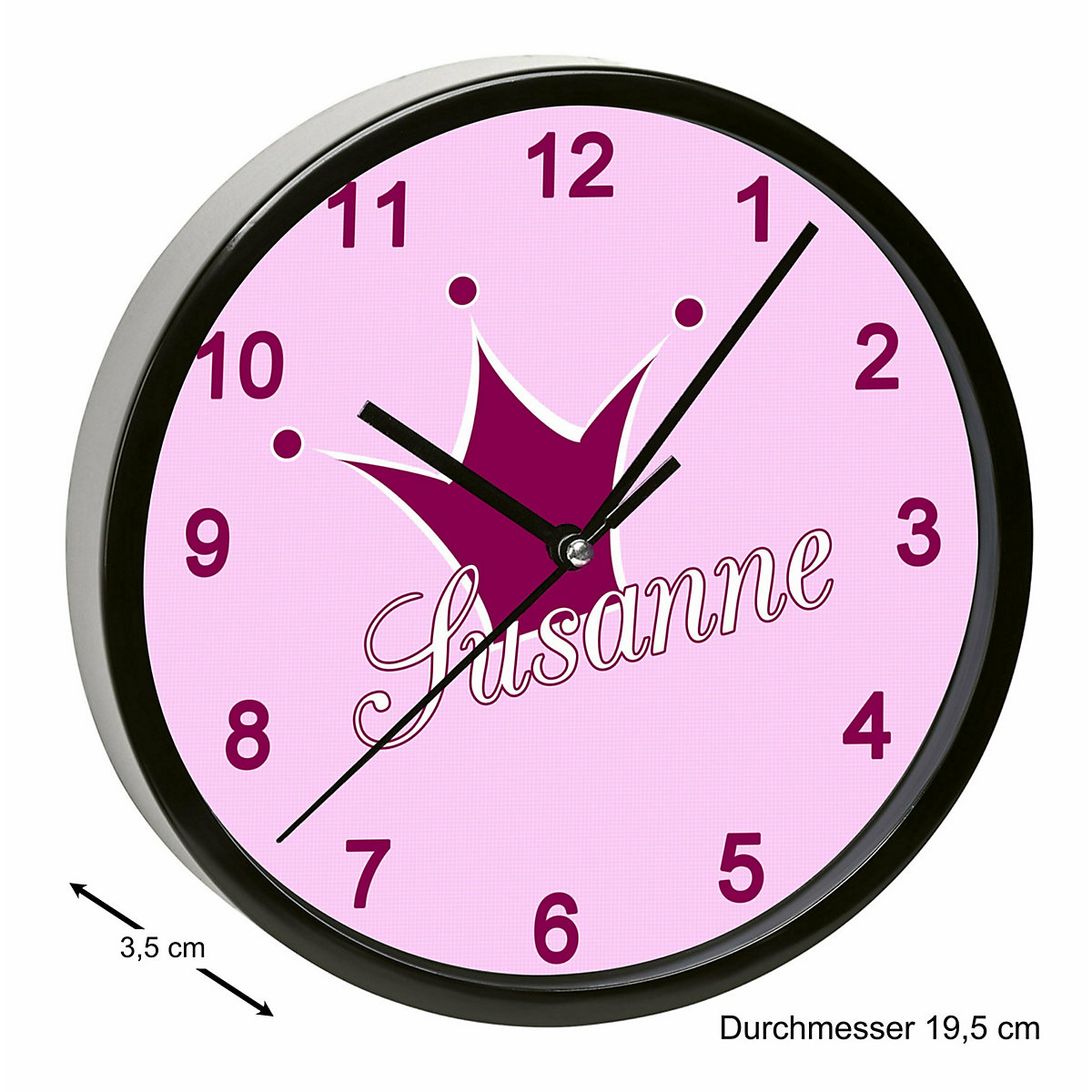 Kinder Wanduhr personalisiert mit Name Krone pink