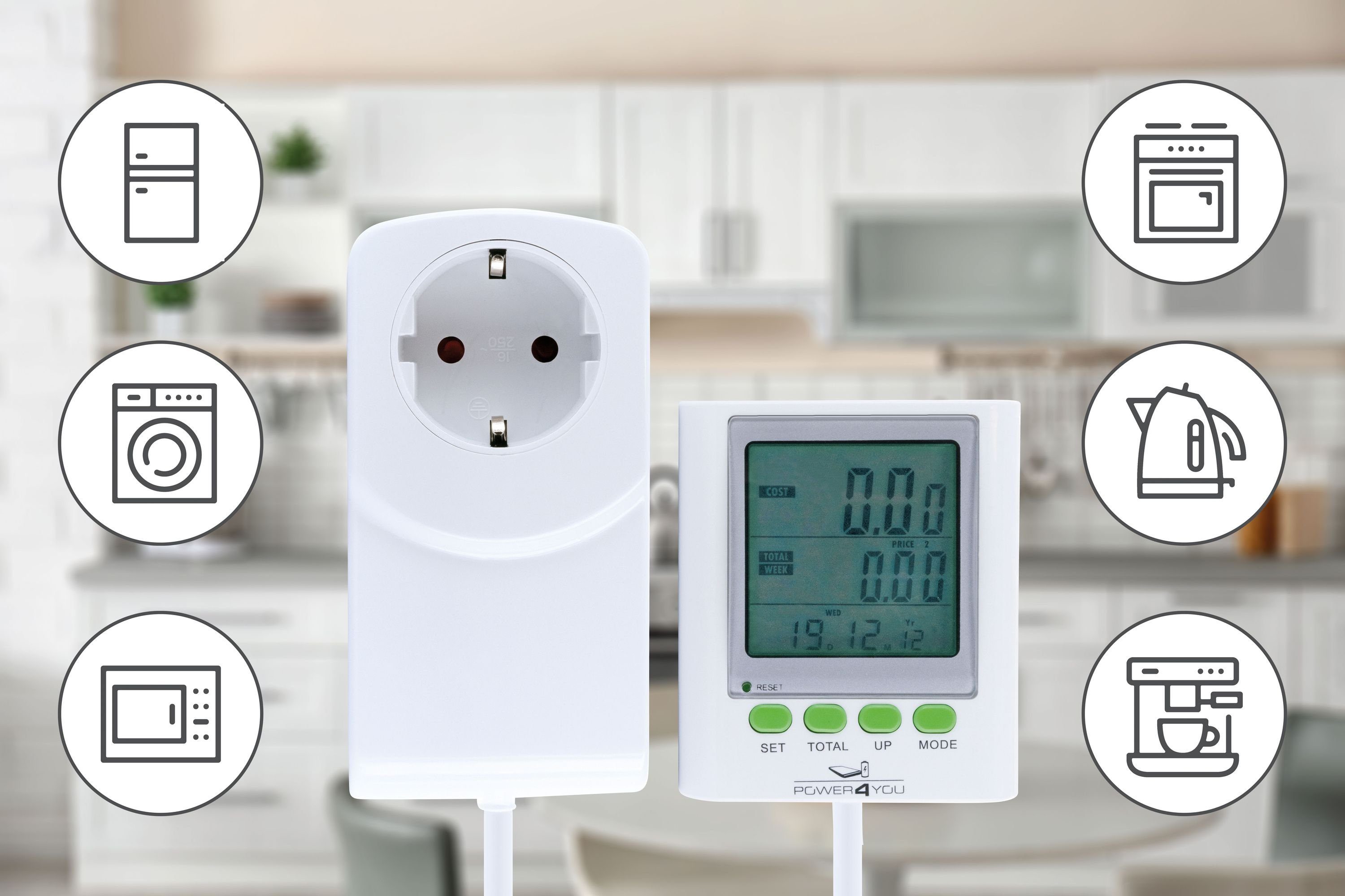Schwaiger Energiekostenmessgerät 661576, 3-zeiliges Display, Zwischenstecker, Anzeige von Stromstärke, Spannung, Leustung, Stromkosten