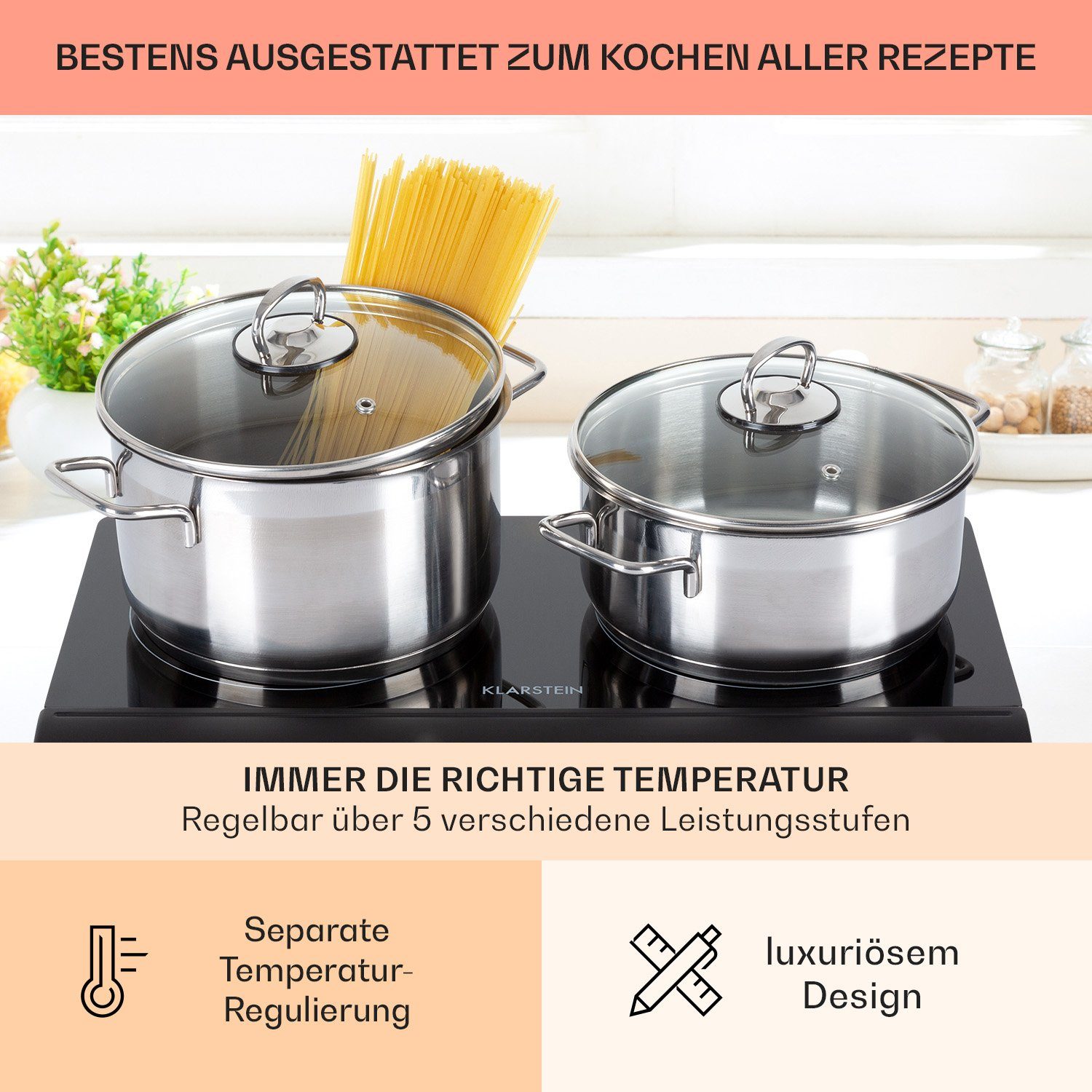 Klarstein Induktions-Kochfeld Cookbuddy Doppel-Kochfeld 2400W 5 Leistungsstufen Glaskeramik CP10-CookBuddy-BK, Kochfeld 2 Zonen Glaskeramik Elektrokochfeld