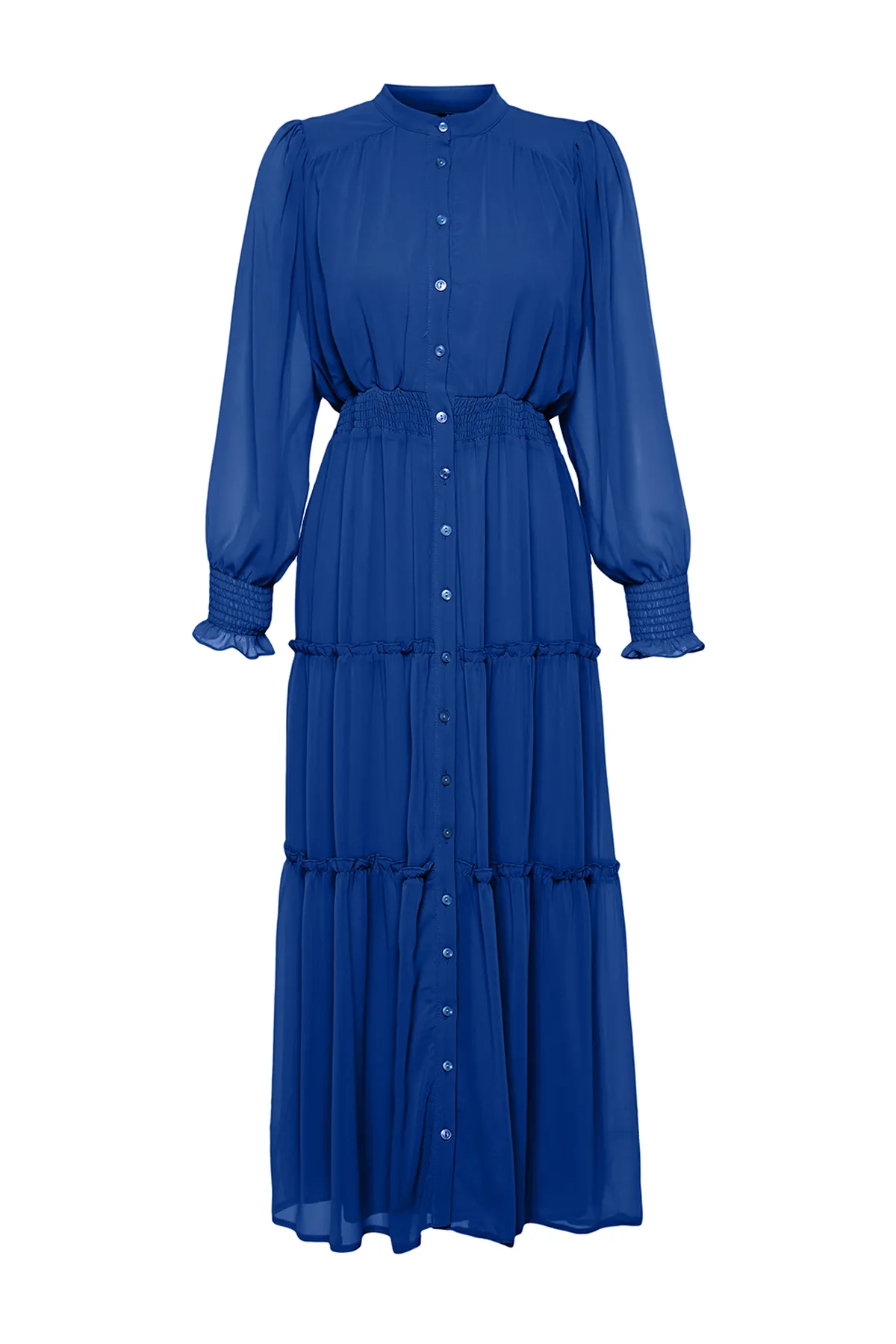 Trendyol Modest  Gefüttertes, gewebtes Chiffon-Hemdkleid mit Indigo-Ärmeln und Gipe-Detail an der Taille TCTSS24EB00046