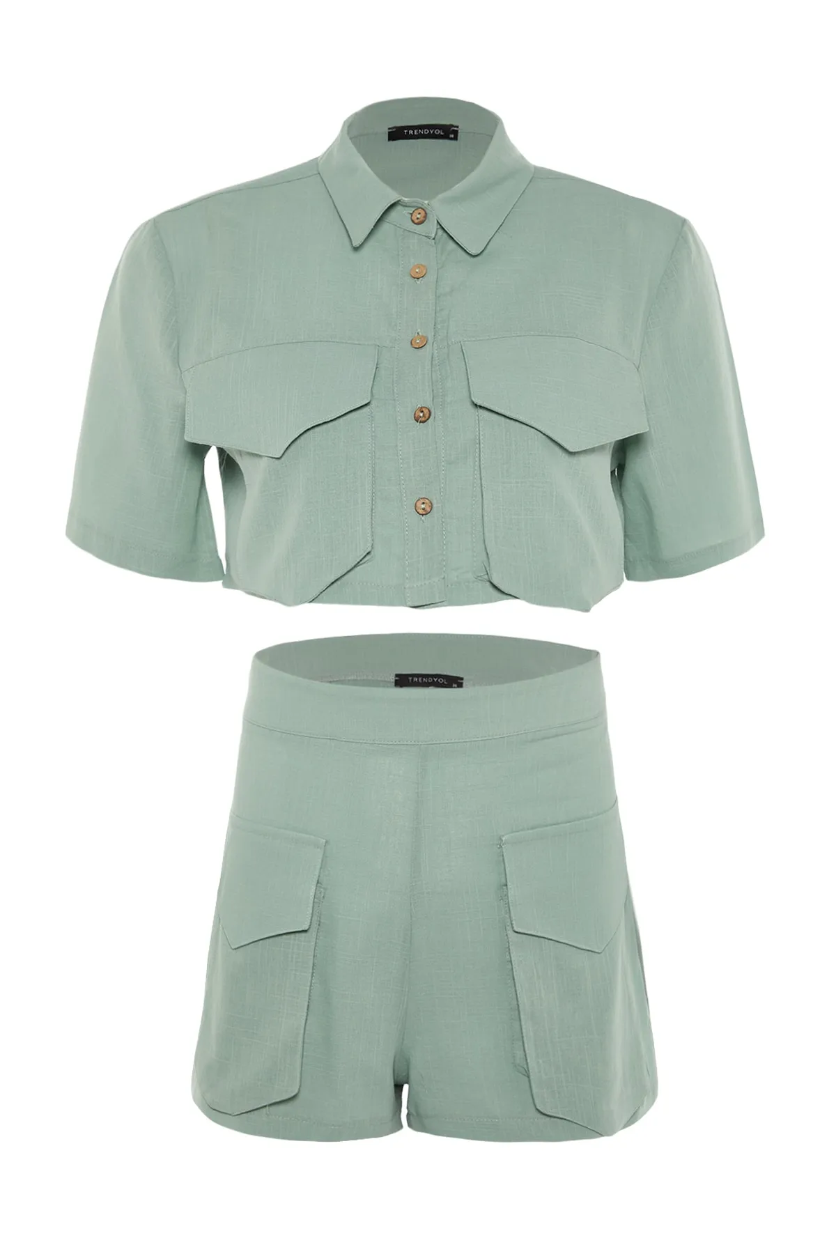 Trendyol Collection  Mintgrünes Set mit gewebten Taschen, 100 % Baumwolle, Hemd und Shorts TBESS22AU00007