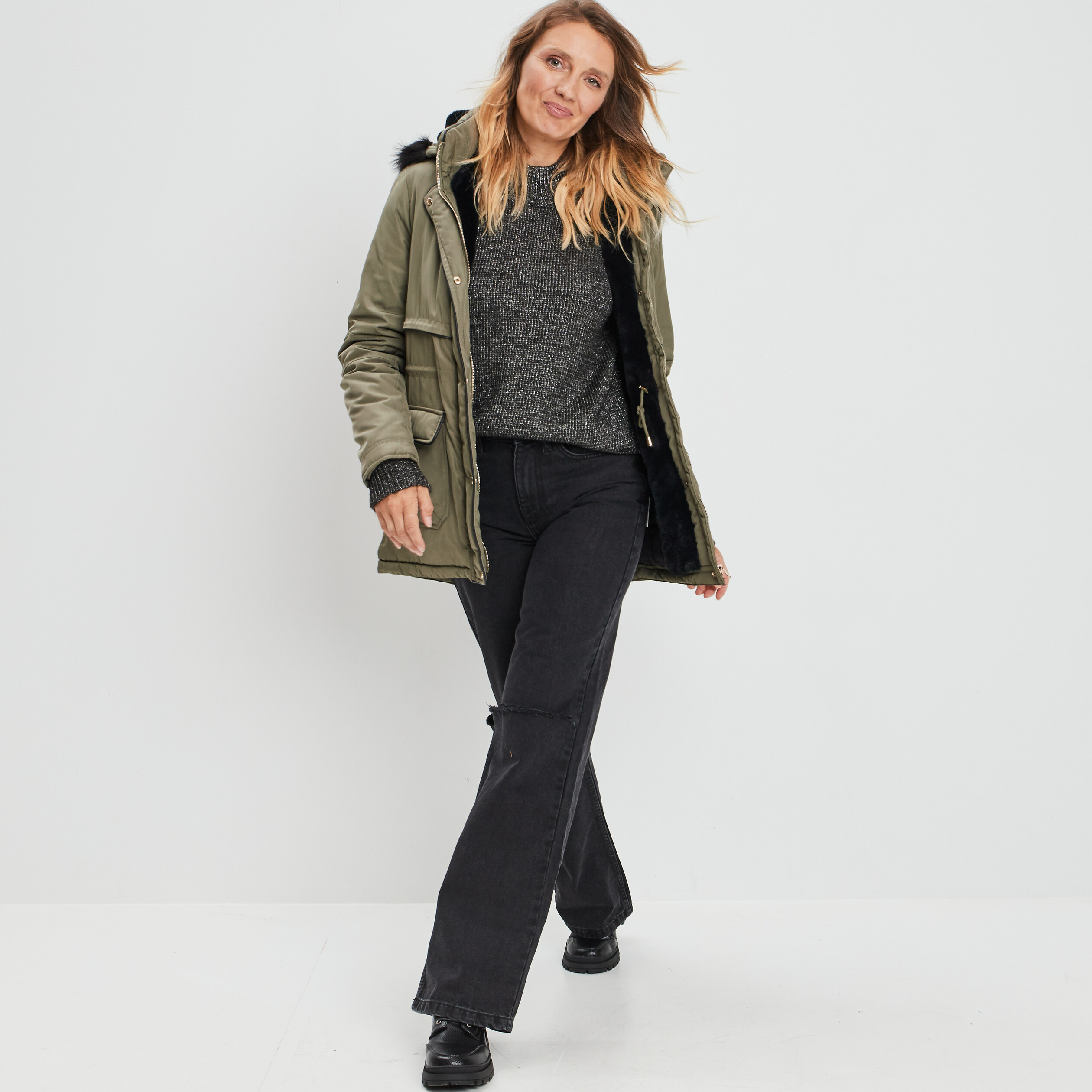 Parka droite à capuche taupe femme | La Halle