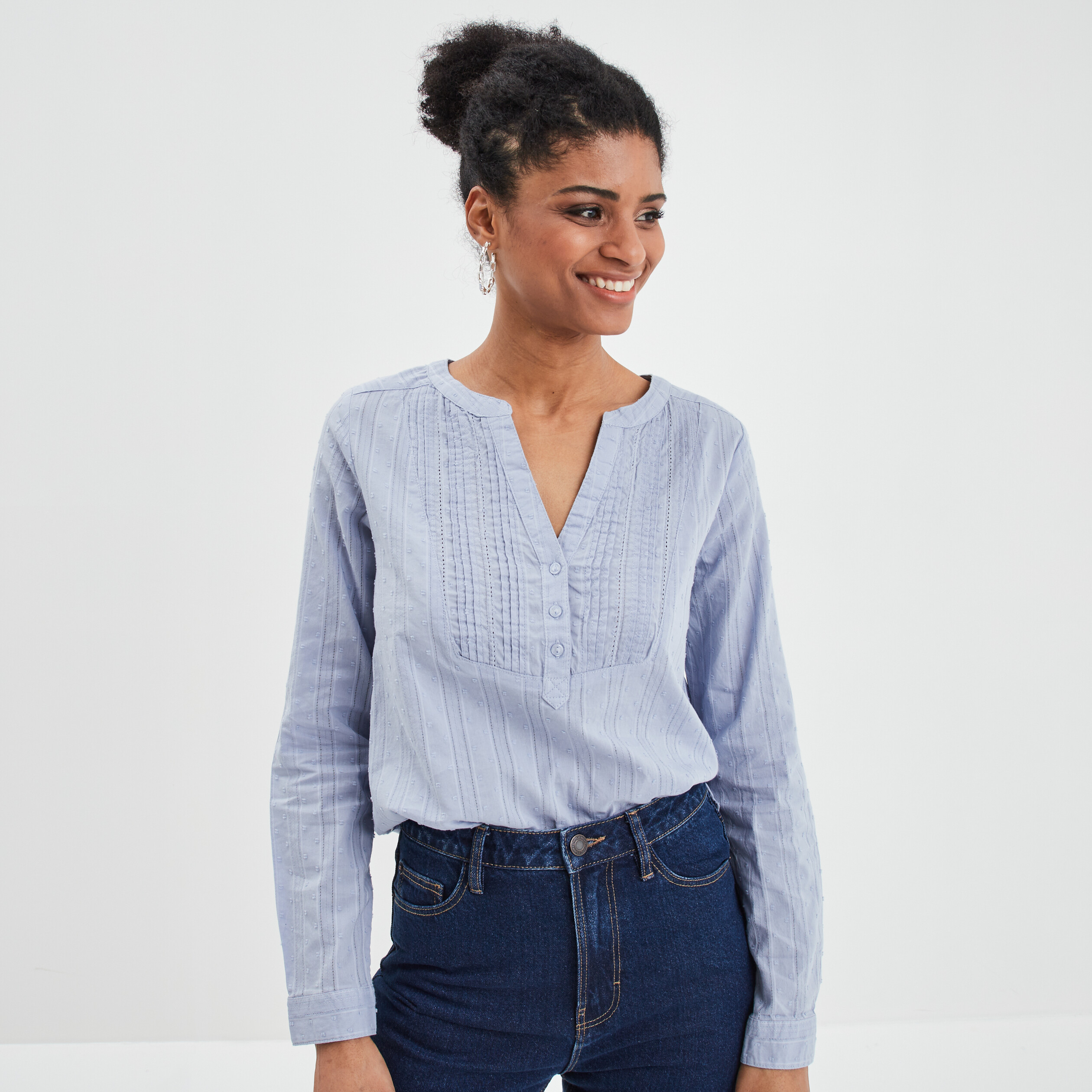 Blouse plastron manches 3 4 Creeks bleu femme | La Halle