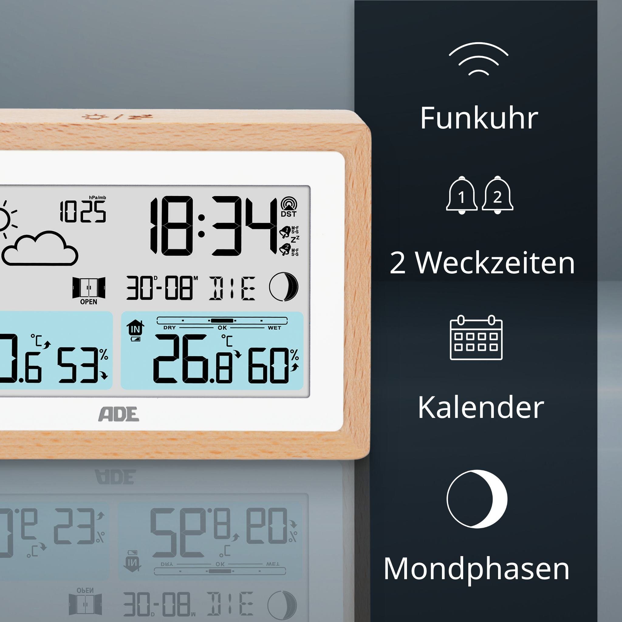 ADE Digitale Wetterstation Funk mit Außensensor und Vorhersage Funkwetterstation (Rahmen aus Vollholz, mit Barometer und Funkwecker, Beleuchtung)