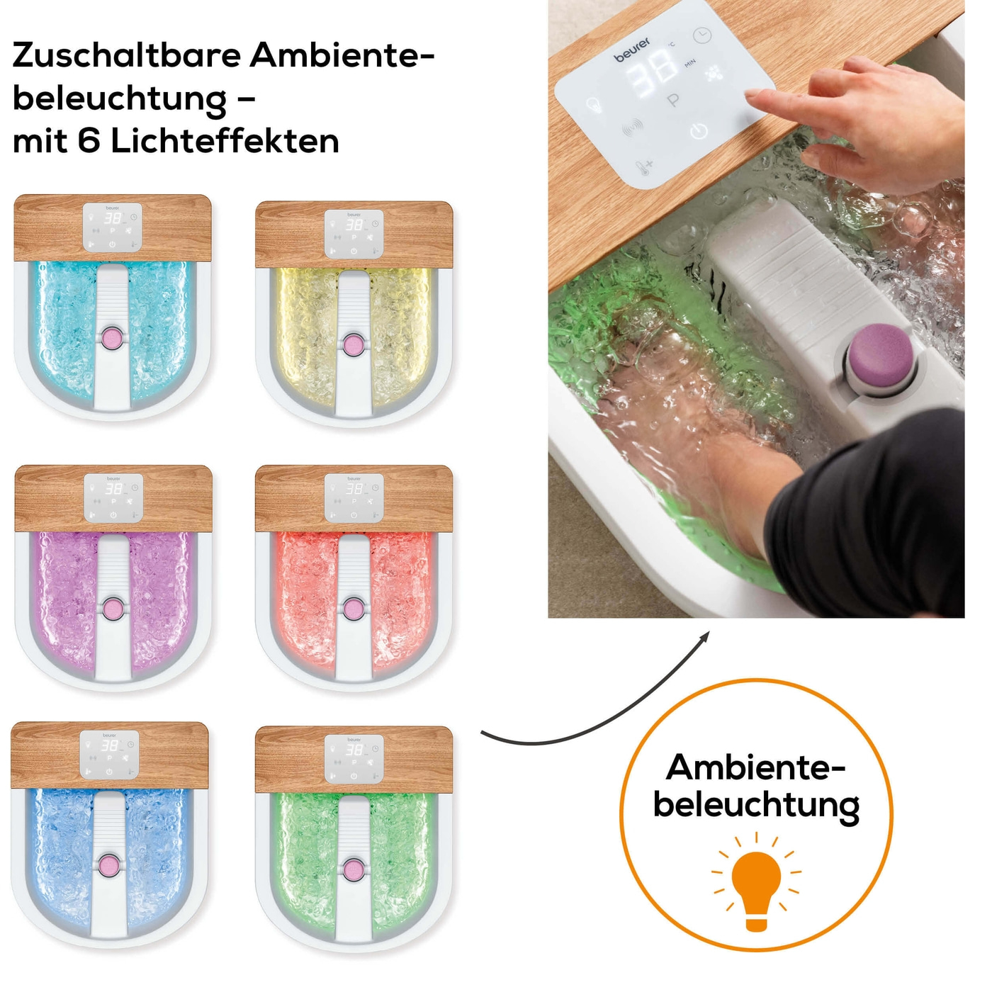 Beurer Wellness Fußsprudelbad FB 65-Wellness Fußsprudelbad mit Wasserheizung, Ambientebeleuchtung und rotierender Pedikürestation
