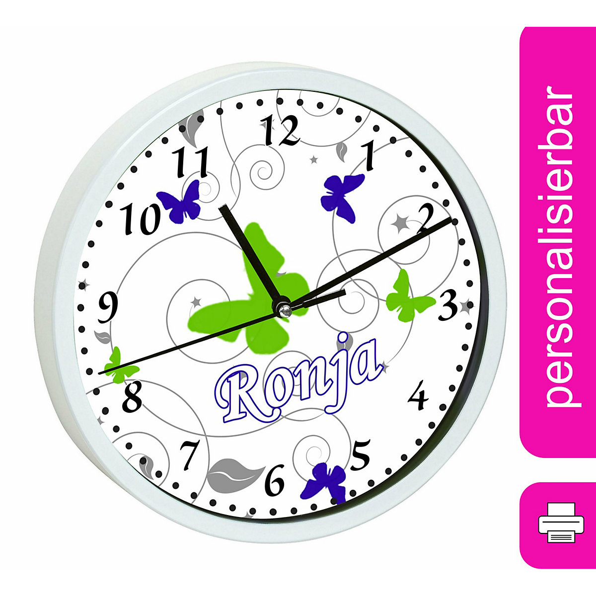 Kinder Wanduhr personalisiert mit Name Schmetterling Blau Grün