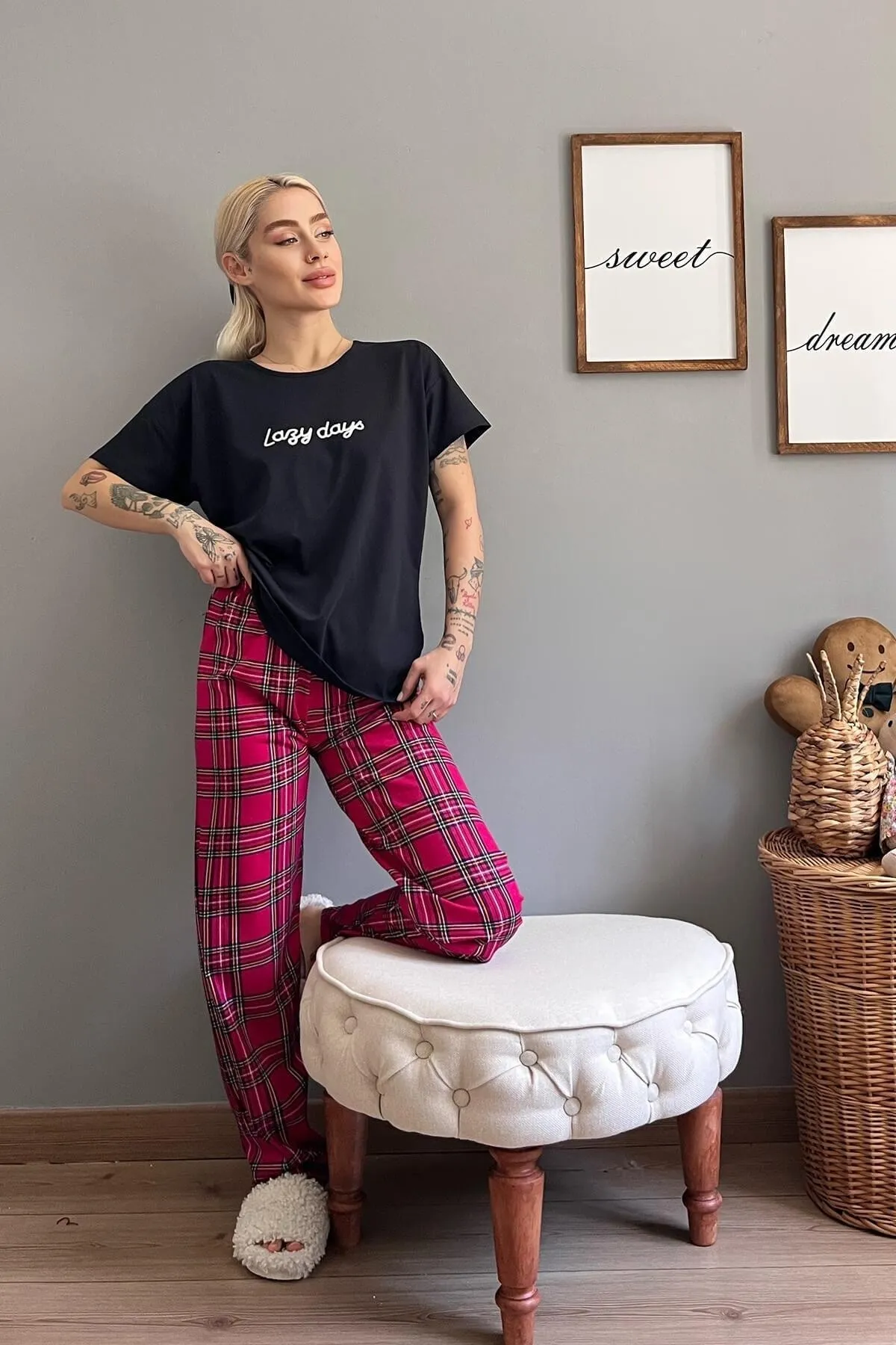 Pijamaevi  Lazy Days Kurzarm-Mutter-Tochter-Familienpyjama – Damen-Set