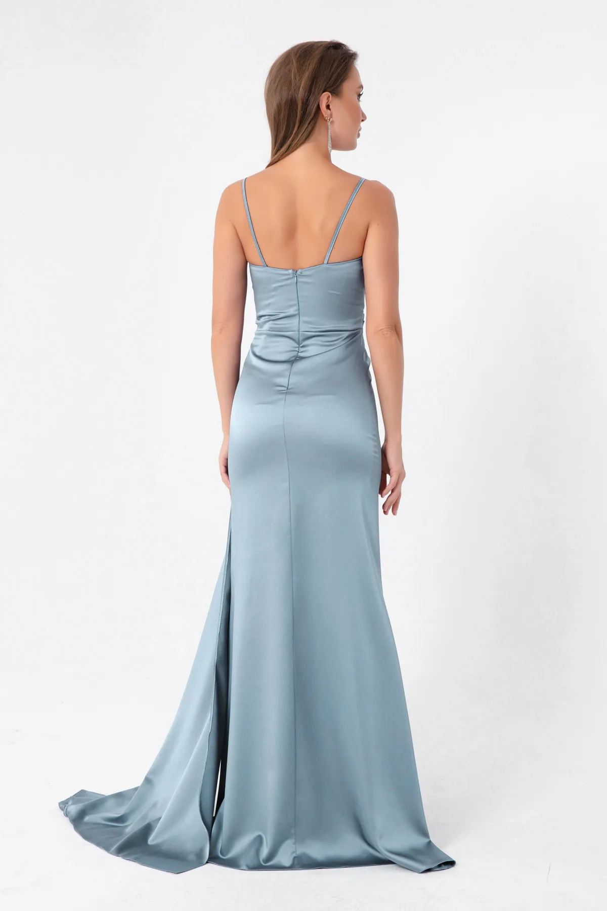Lafaba  Babyblaues, langes Satin-Abendkleid und Abschlusskleid mit Trägern für Damen