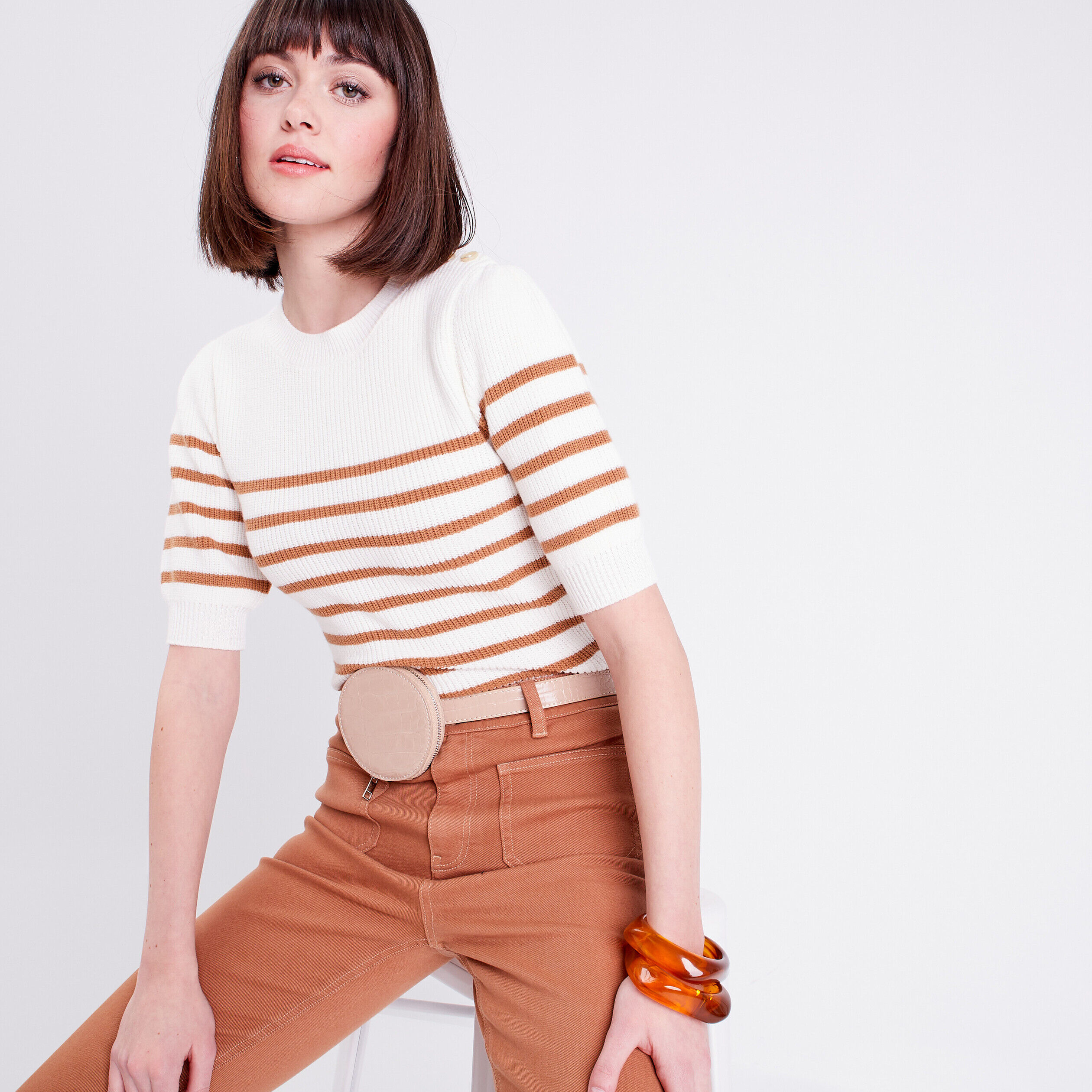 Pull manches courtes ecru femme | Cache Cache