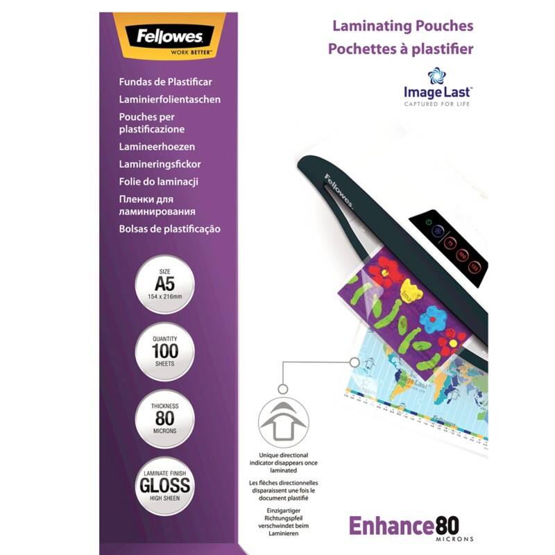 Fellowes ImageLast Enhance Laminierfolien DIN A5 Glänzend 80 Mikron (2 x 80) Transparent 100 Stück
