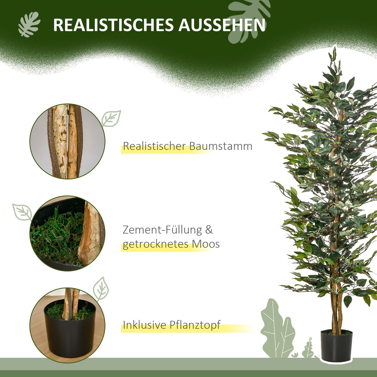 HOMCOM künstliche Pflanzen 150 cm künstlicher Ficus-baum Kunstpflanze Zimmerpflanze Dekopflanze Büropflanze Kunststofftopf für drinnen und draußen