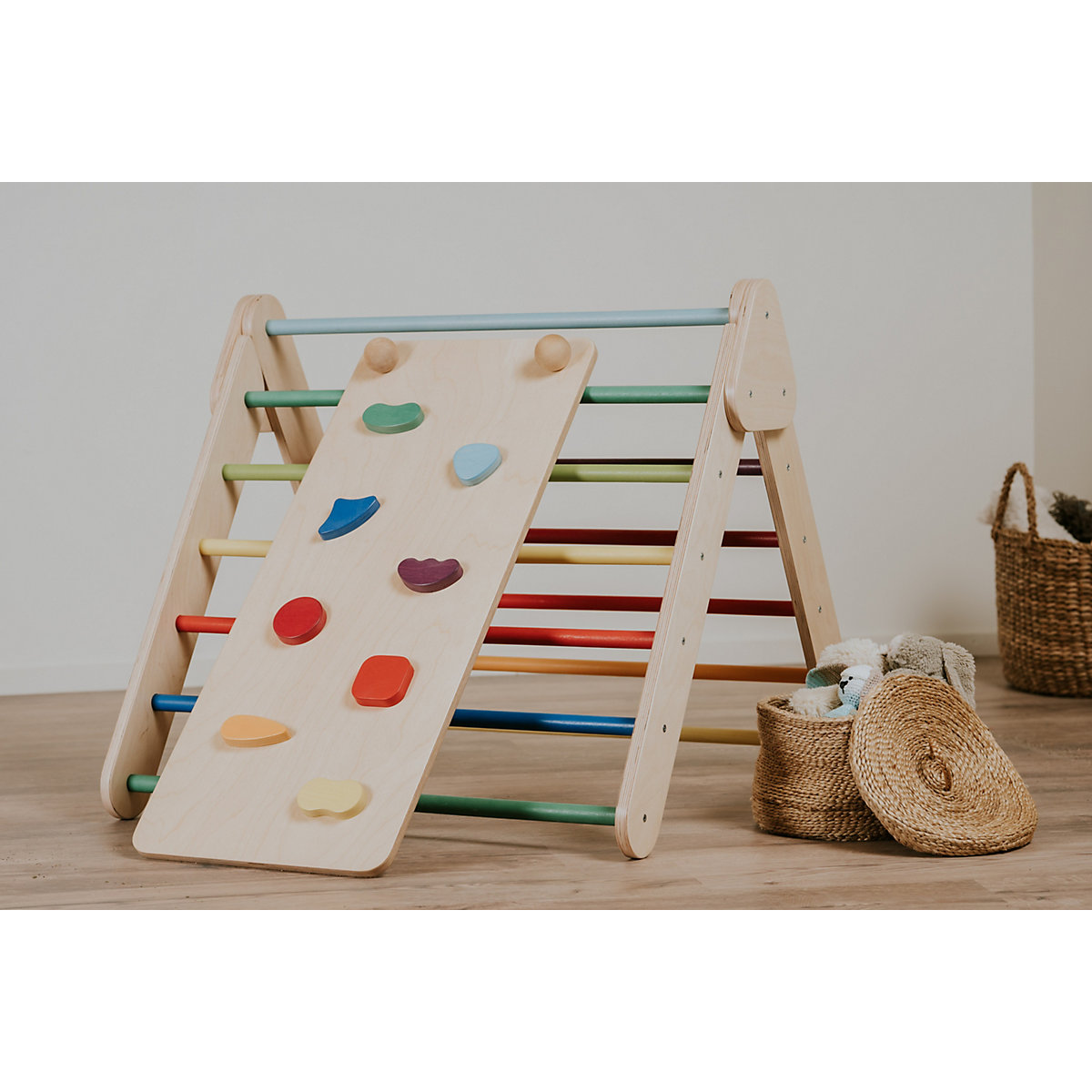 Klettergerüst mit Rampe und Rutsche Indoor, Kletterdreieck aus Holz, Klettern Innnen Kleinkind