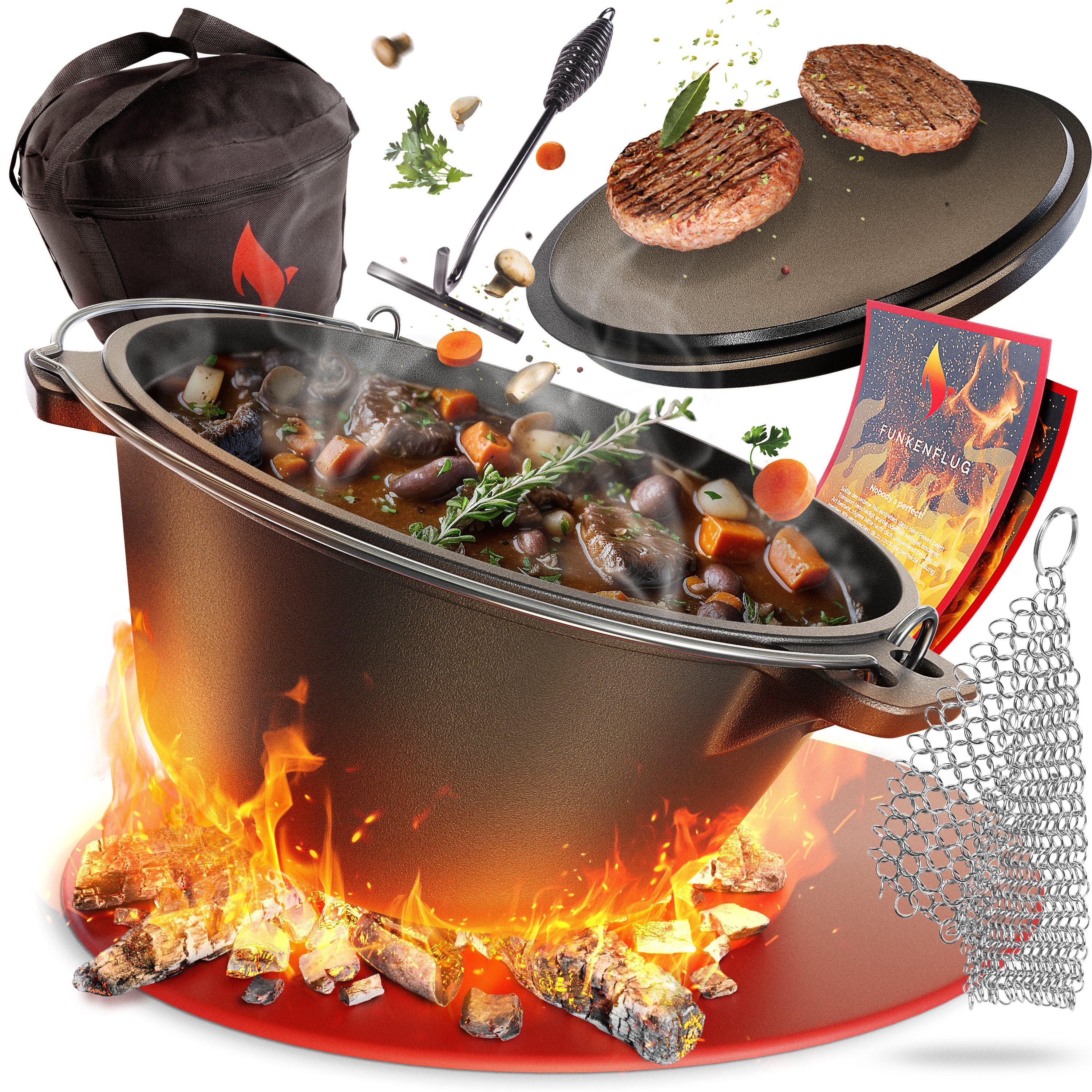Funkenflug Feuertopf Eingebrannter Dutch Oven [8QT], Gusseisen (Rustikales Dutch Oven Set, 5-tlg., BBQ Feuertopf aus massivem & dickwandigen Gusseisen), inkl. Transporttasche, Deckelheber, Ringreiniger & Rezepte E-Book