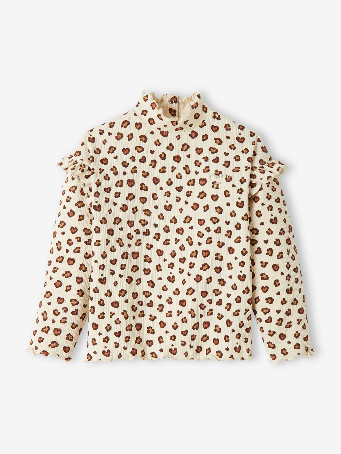 T-shirt col montant en maille côtelée fille manches volantées beige imprimé léopard