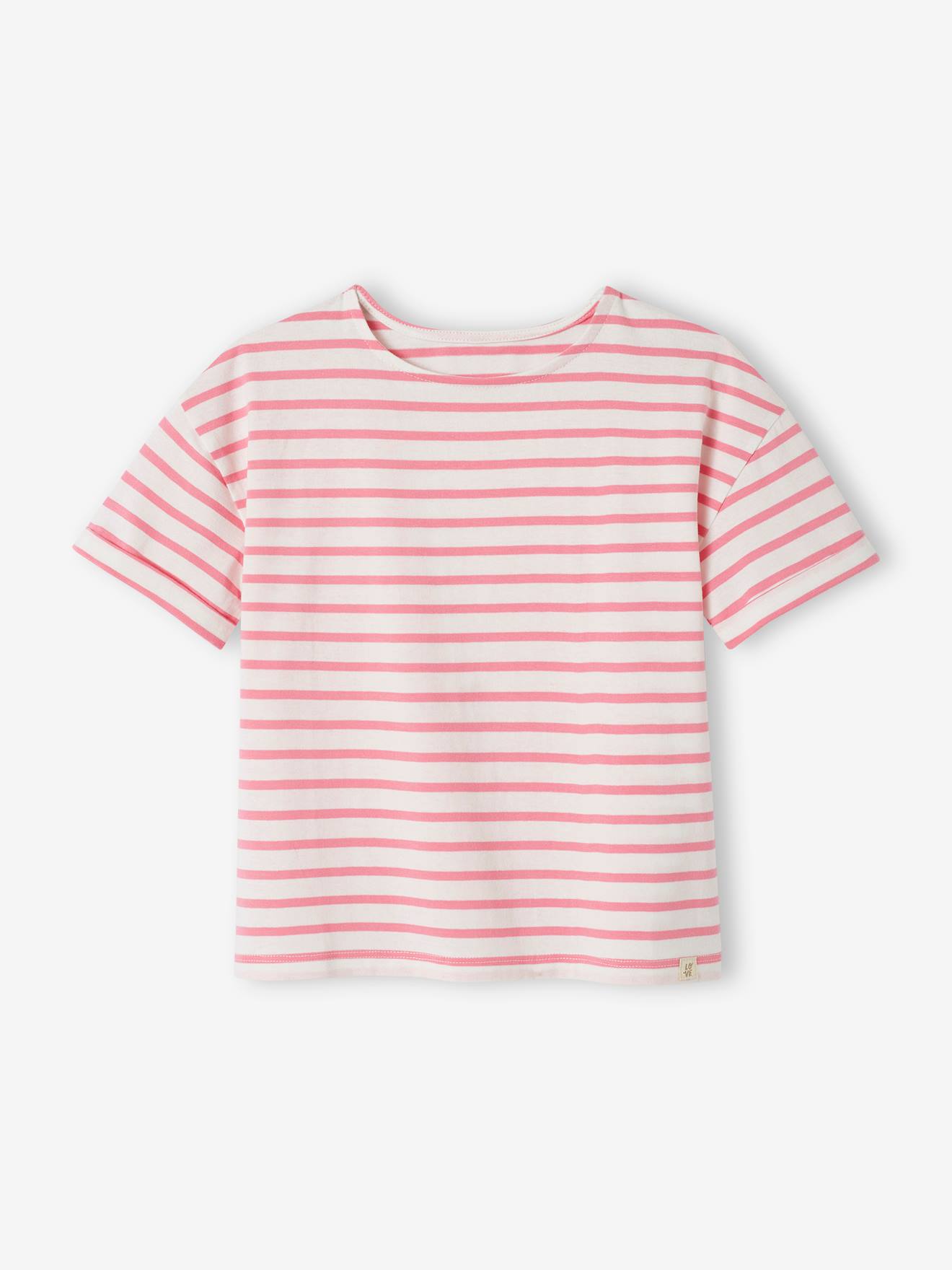 Vertbaudet Geringeltes Mädchen T-Shirt mit Recycling-Baumwolle, personalisierbar - rosa gestreift