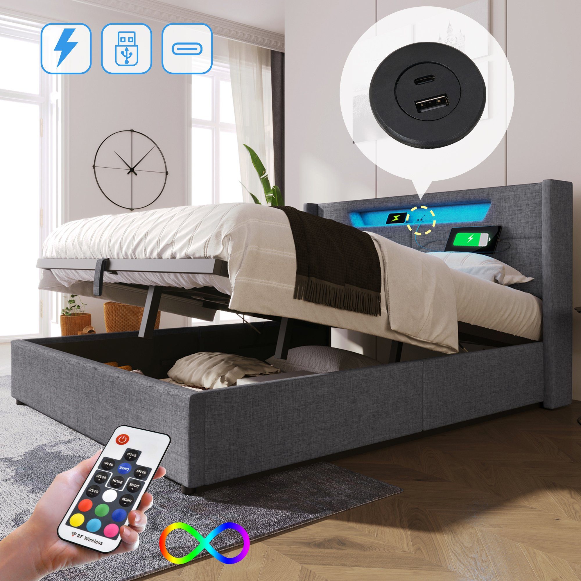 REDOM Polsterbett LED Doppelbett mit USB Typ C Ladefunktion, 140 x 200 cm, ohne-Matratze