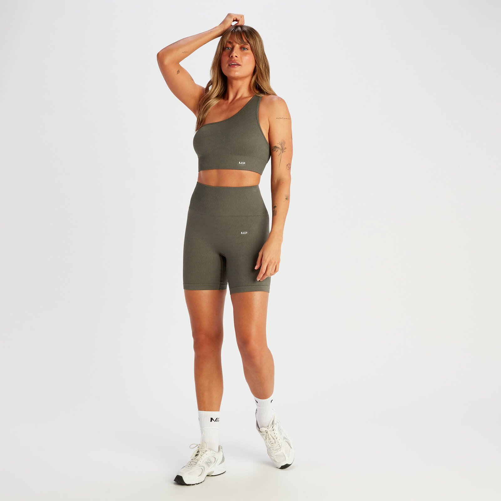 Brassière asymétrique côtelée sans coutures MP Tempo pour femmes – Vert taupe