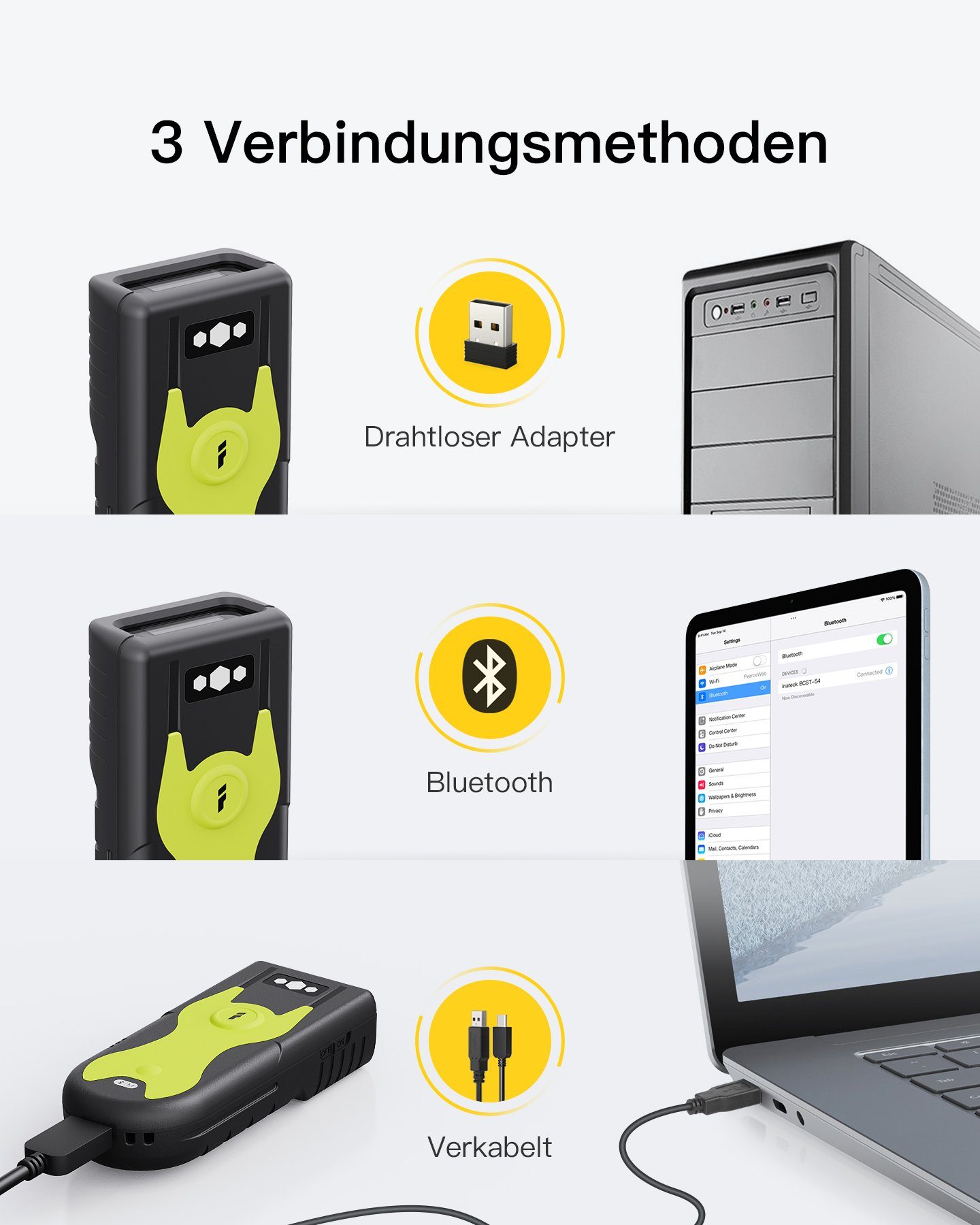 Inateck 1D/2D Bluetooth Scanner mit 2,4Ghz USB Adapter, BCST-42 Handscanner