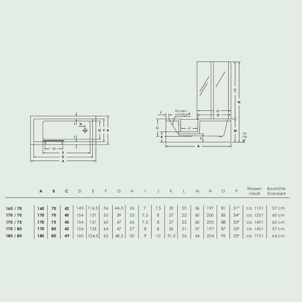 Dusche-24 Badewanne Badewanne mit Tür von 160x70 bis 180x80 cm LIVORNO