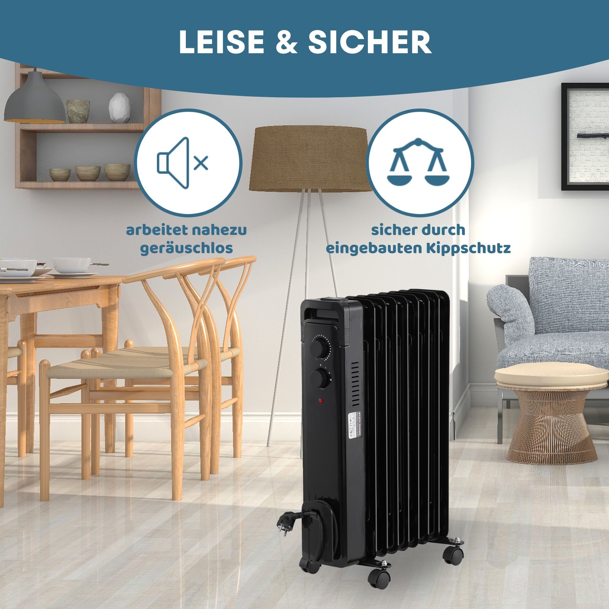 Stahlmann Heizgerät STAHLMANN Radiator Elektroheizung ZR17, 1500 W, Heizung Elektrisch mit Thermostat und 3 Heizstufen, Heizgerät
