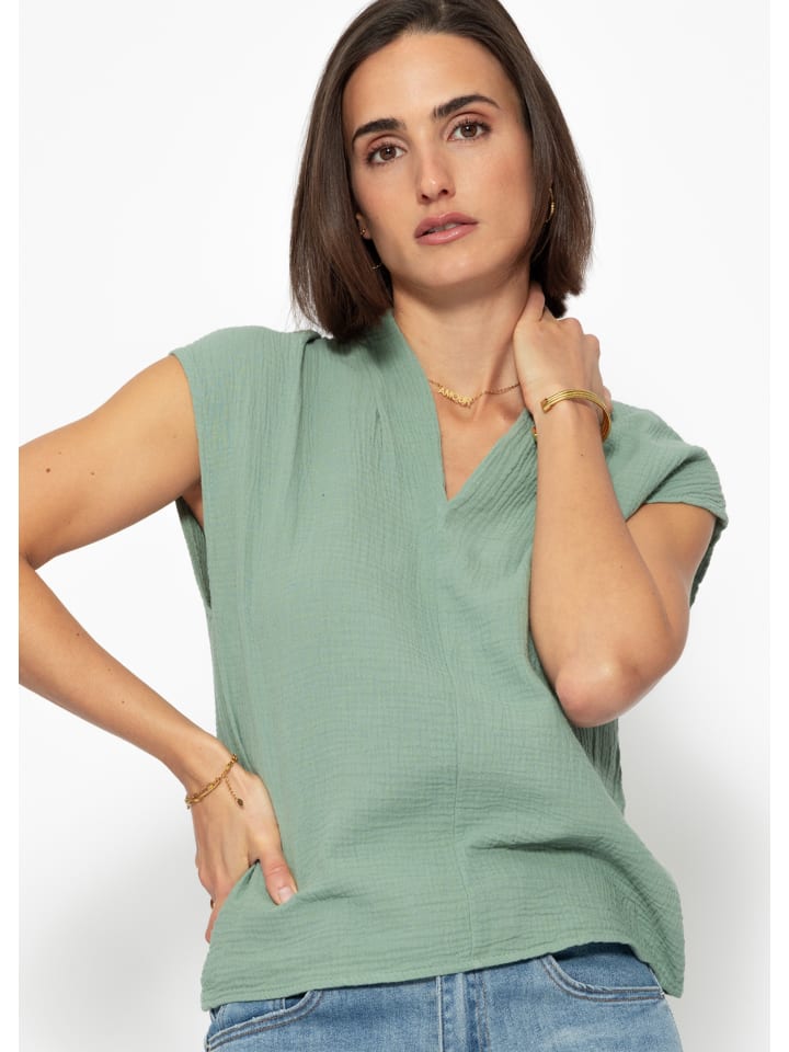 SASSYCLASSY Musselin Shirt mit V-Ausschnitt in Grün günstig kaufen