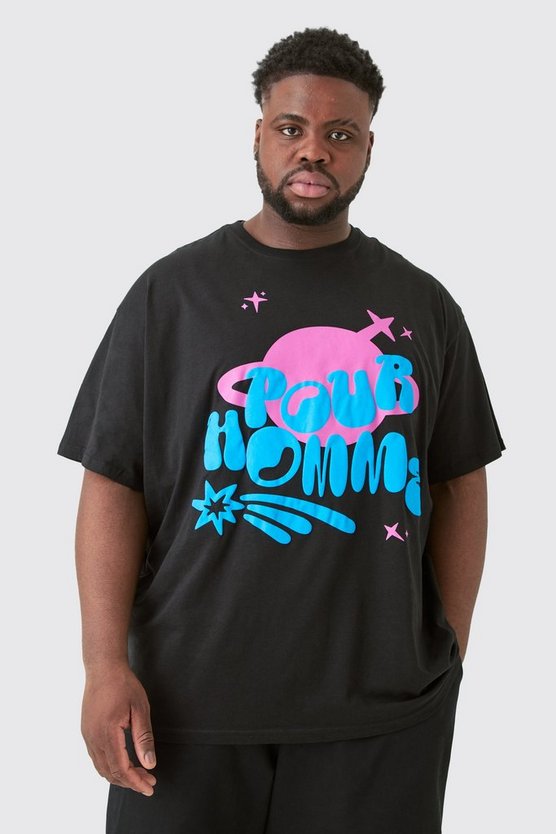Plus Schwarzes T-Shirt mit Space Pour Homme Print