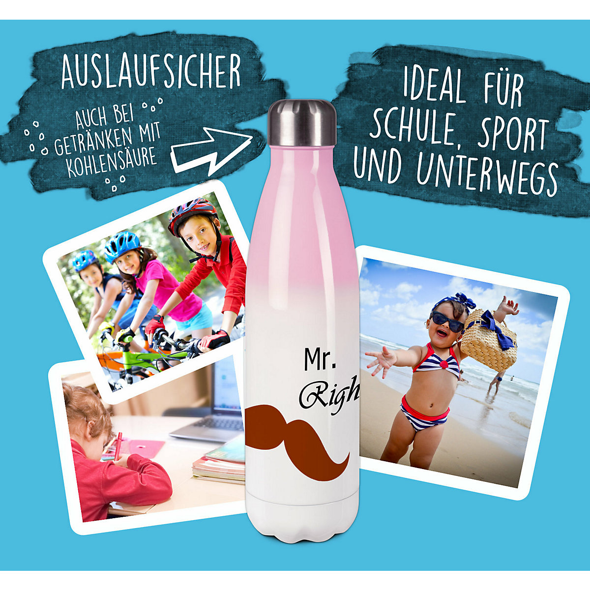 Edelstahl Kinder Thermoflasche / Trinkflasche bunt Bart mustache Spülmaschinenfest, Auslaufsicher, Bruchfest, Doppelwandig, Für Heißgetränke geeignet, Mit Deckel, Isoliert