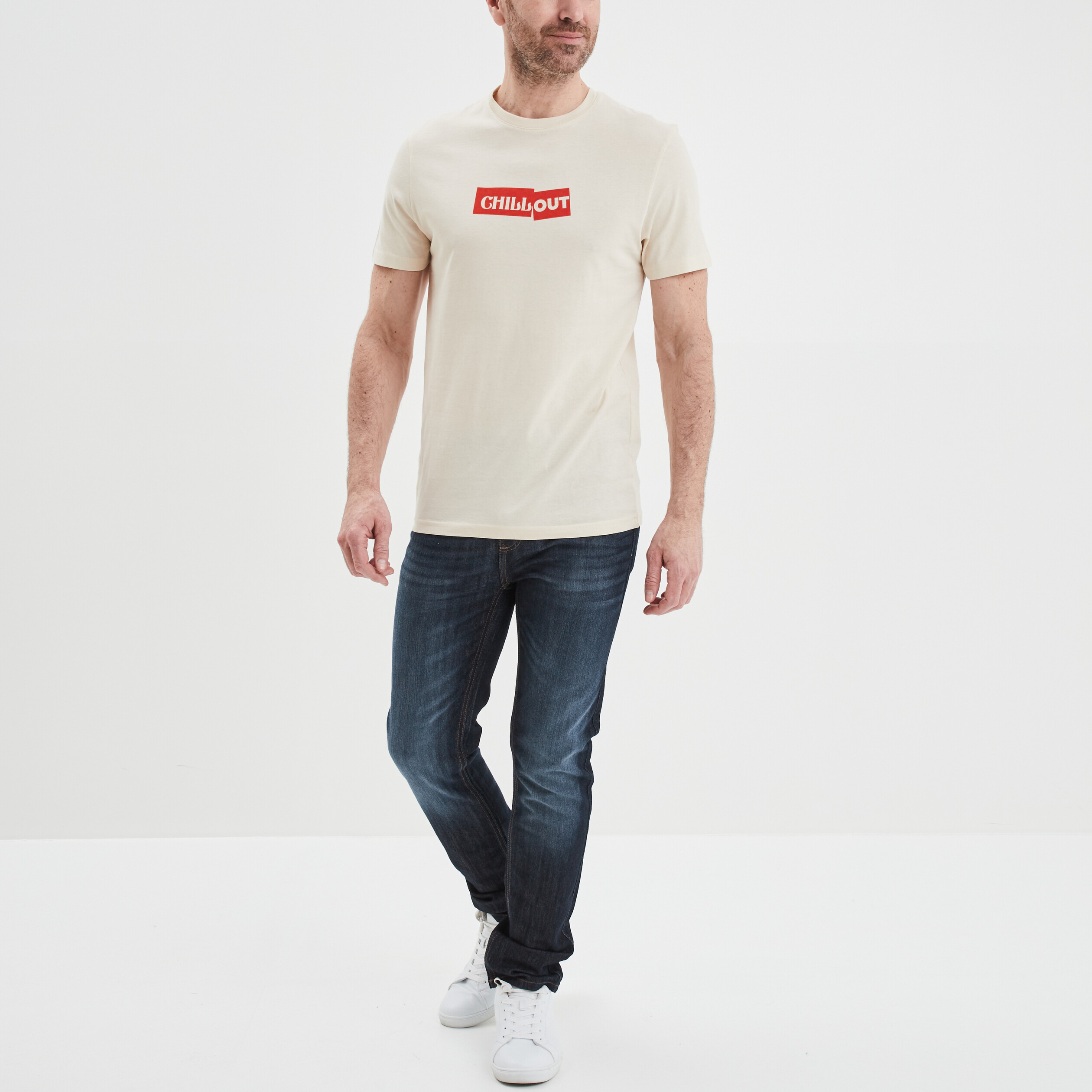 T-shirt col rond manches courtes coton ecru homme | La Halle