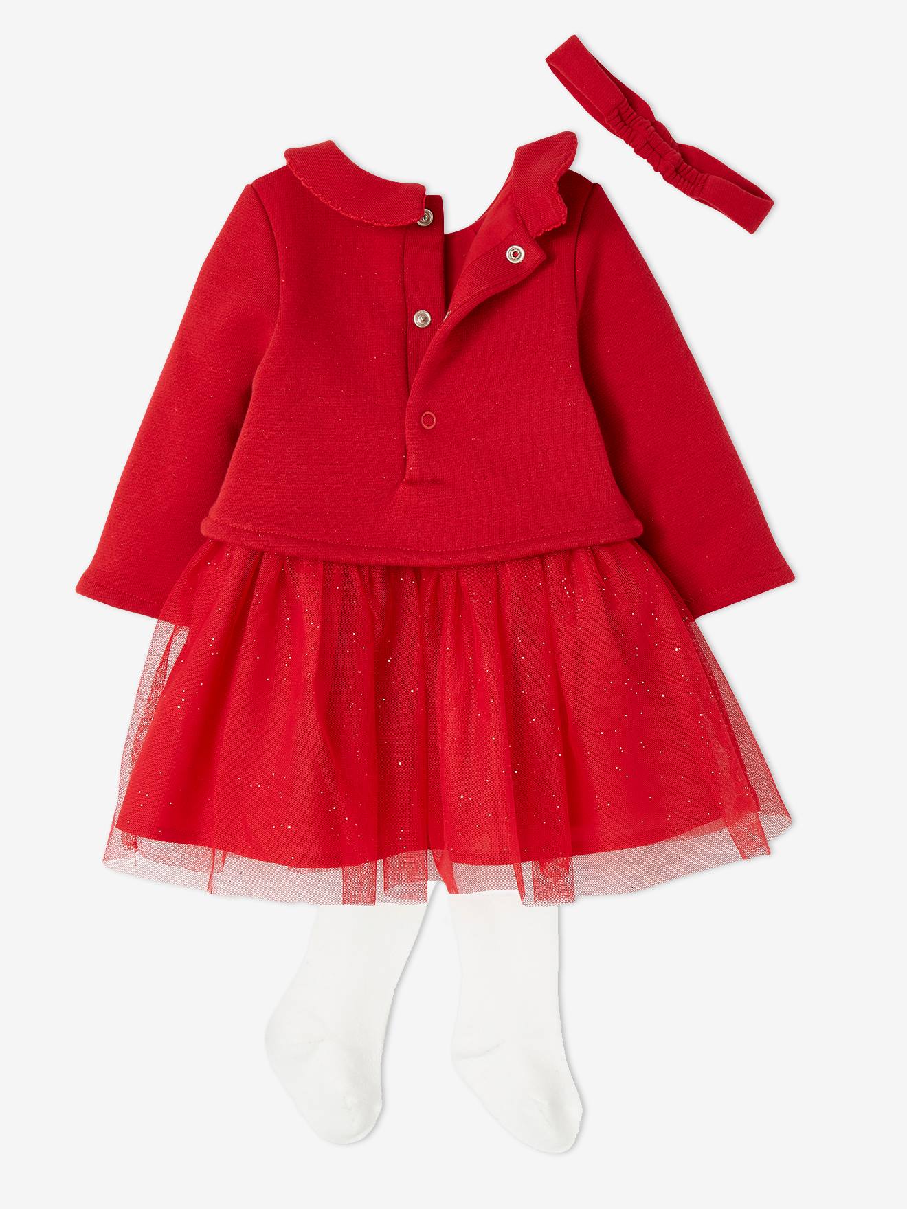 Vertbaudet Weihnachtliches Baby-Set: Kleid, Haarband & Strumpfhose - rot